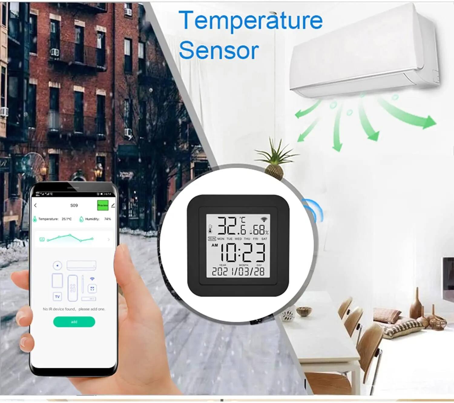 Temperature Sensor 509  
Temperature: 25.1°C  
Humidity: 74%  

32.6°C  
68%  
10:23 AM  
2021/03/28  

TV No - device found. Please add one.