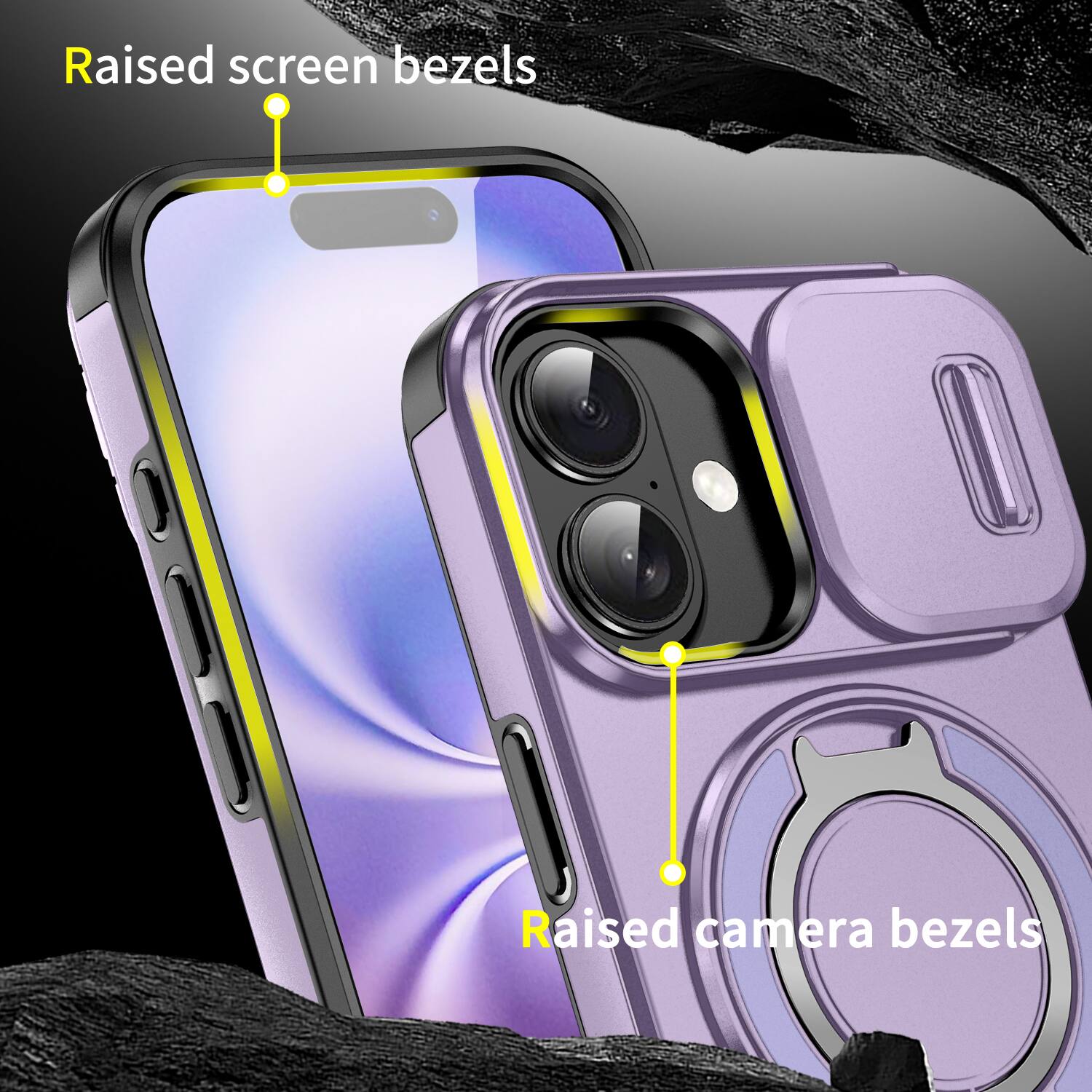 Raised screen bezels  
Raised camera bezels