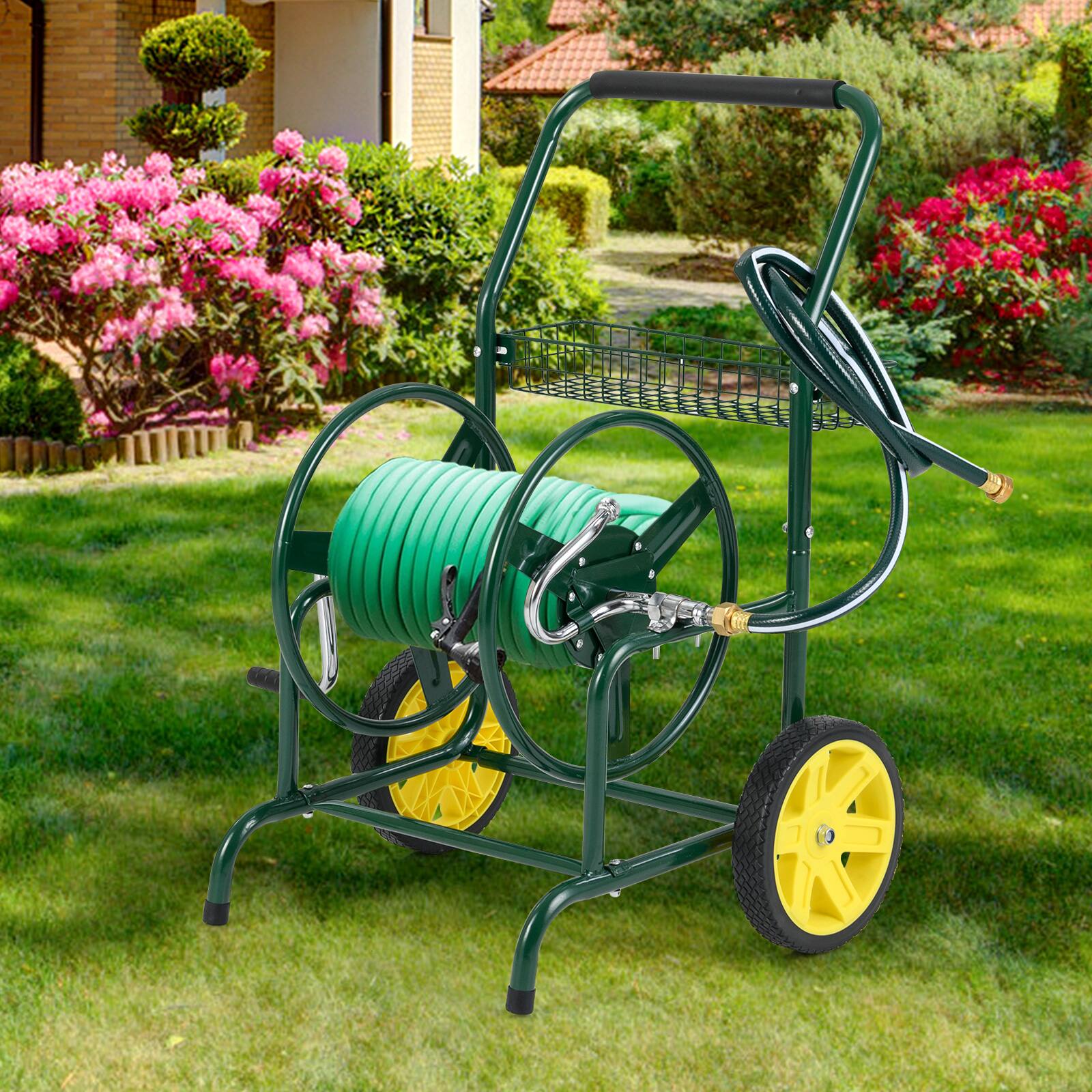 Alt View 4. Gymax - Gymax Garden Hose Reel Cart 230 FT of 5/8'' Large Capacity w/ 2 Wheels Storage Basket Green - Green.