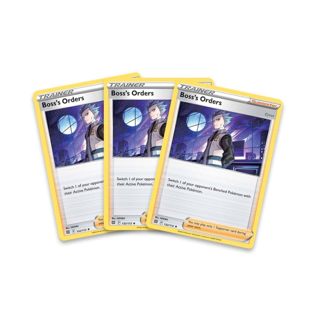 **Boss's Orders**

- **Effect:** Switch 1 of your opponent's Active Pokémon.
- **Card Type:** Trainer
- **Card Number:** 132/172
- **Rarity:** ★
- **Set:** Black & White
- **Artist:** Go Oda

**Boss's Orders**

- **Effect:** Switch 1 of your opponent's Active Pokémon.
- **Card Type:** Trainer
- **Card Number:** 132/172
- **Rarity:** ★
- **Set:** Black & White
- **Artist:** Go Oda

**Boss's Orders (Supporter)**

- **Effect:** Switch 1 of your opponent's Bench Pokémon with their Active Pokémon. You may play only 1 Supporter card during your turn.
- **Card Type:** Supporter
- **Card Number:** 132/172
- **Rarity:** ★
- **Set:** Black & White
- **Artist:** Go Oda
- **Supporter:** Cyrus