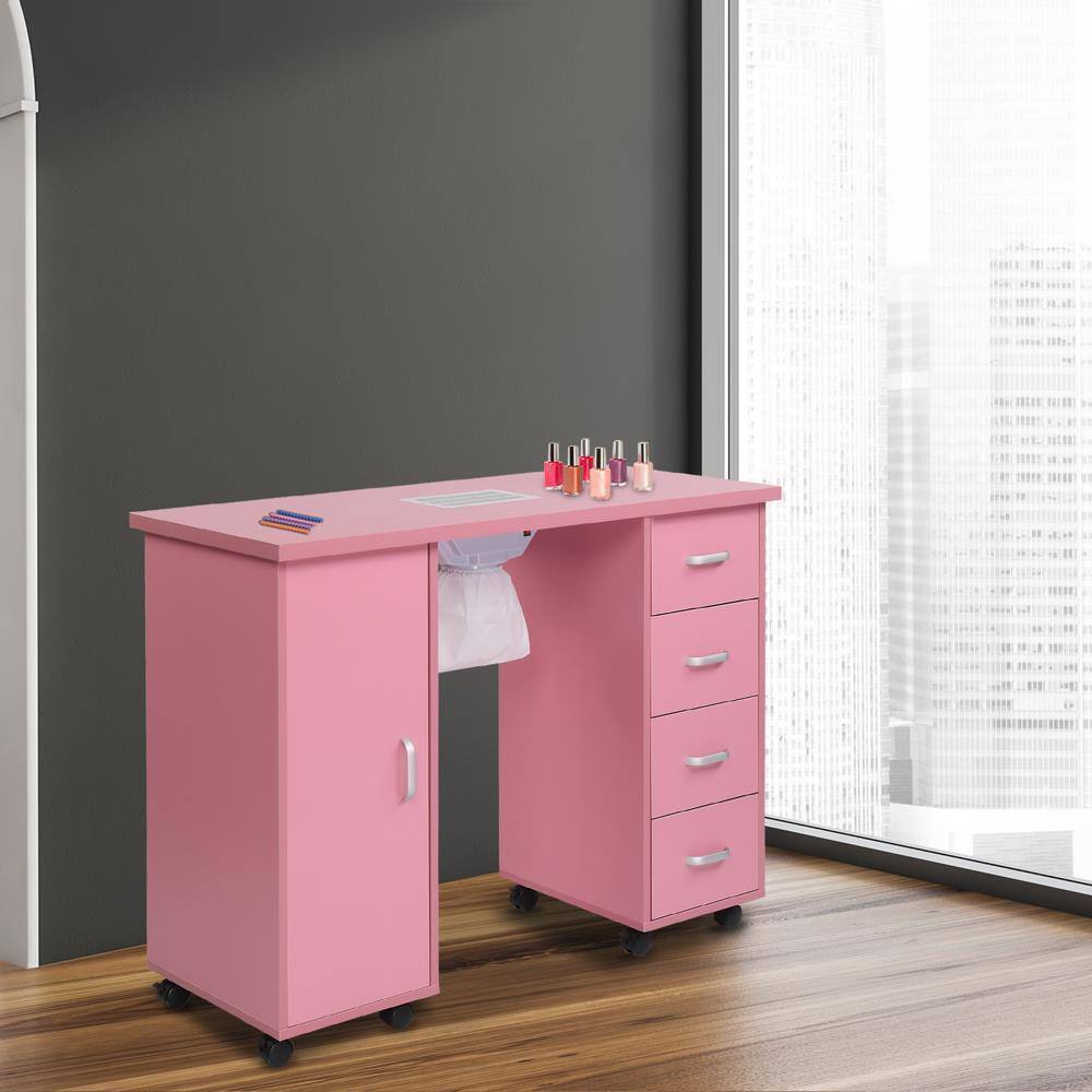 Angle. Winado - Manicure Table Nail Table Station, Nail Beauty Manicure Desk with Dust Collector, Drawers, Storage Shelves for Nail Tech - Pink.
