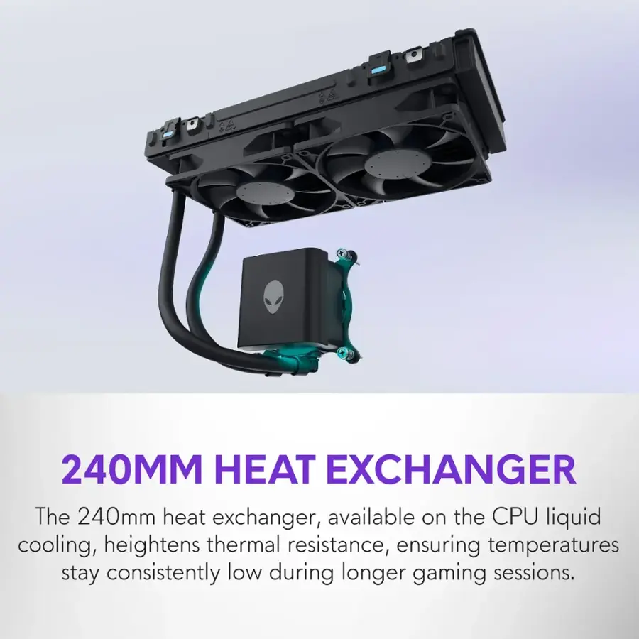 The 240mm heat exchanger is available on the CPU liquid cooling system, which increases thermal resistance, ensuring that temperatures remain consistently low during extended gaming sessions.