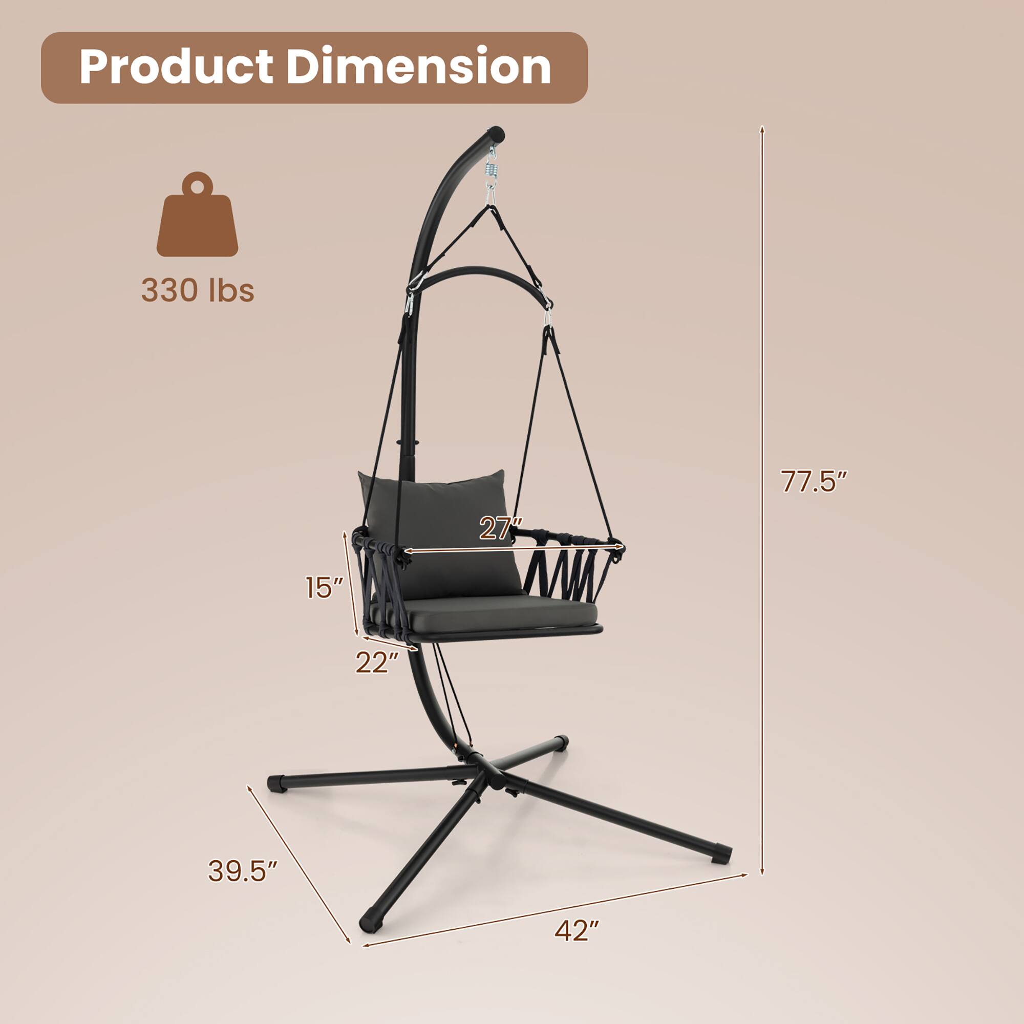 Product Dimension:  
- Weight: 330 lbs  
- Height: 77.5"  
- Width: 42"  
- Depth: 39.5"  
- Seat Width: 27"  
- Seat Depth: 22"  
- Seat Height: 15"