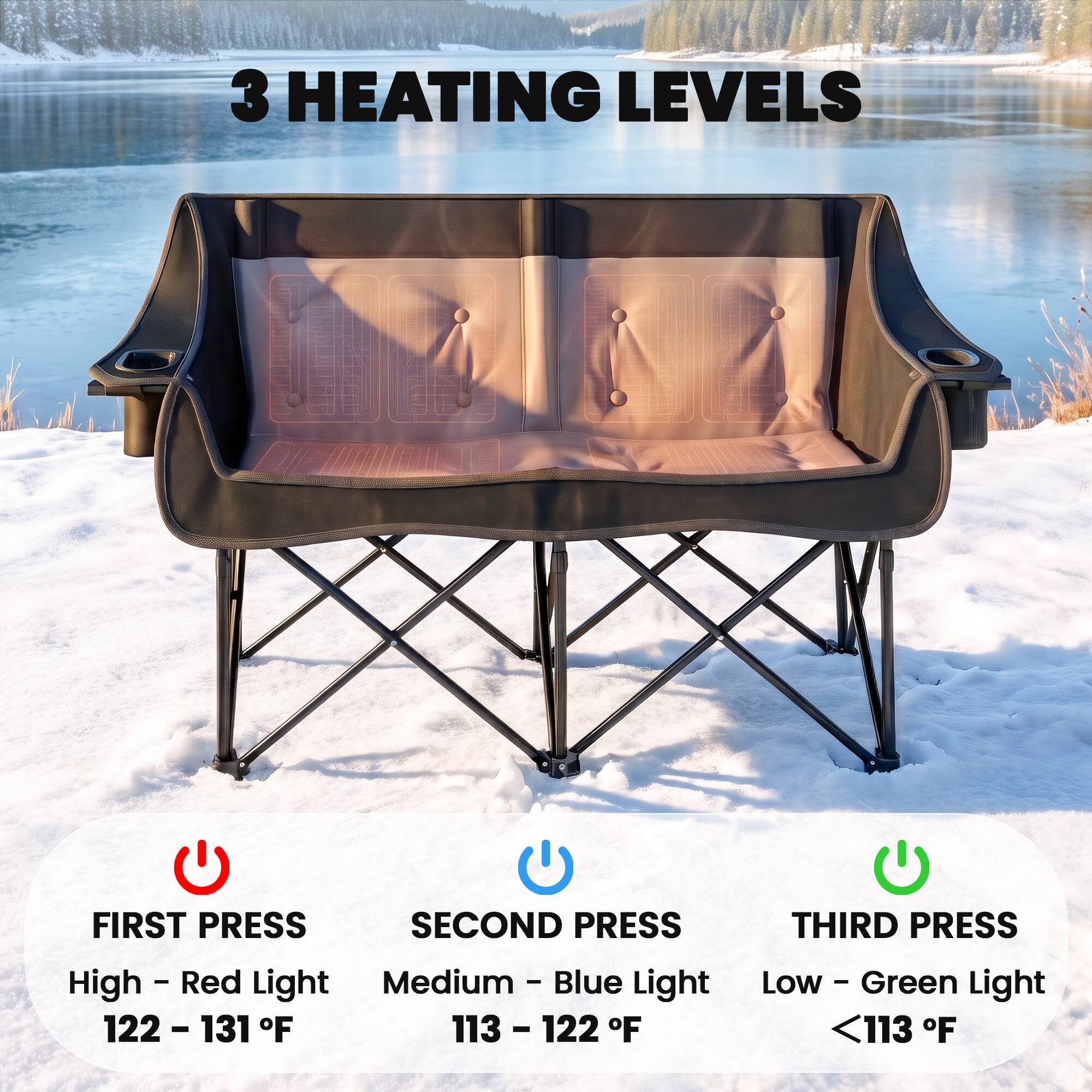 3 HEATING LEVELS

FIRST PRESS SECOND PRESS THIRD PRESS
- Red Medium - Blue Low-Green High
- R Light Light Light
- 122 - 131 F 113 - 122 F <113 F