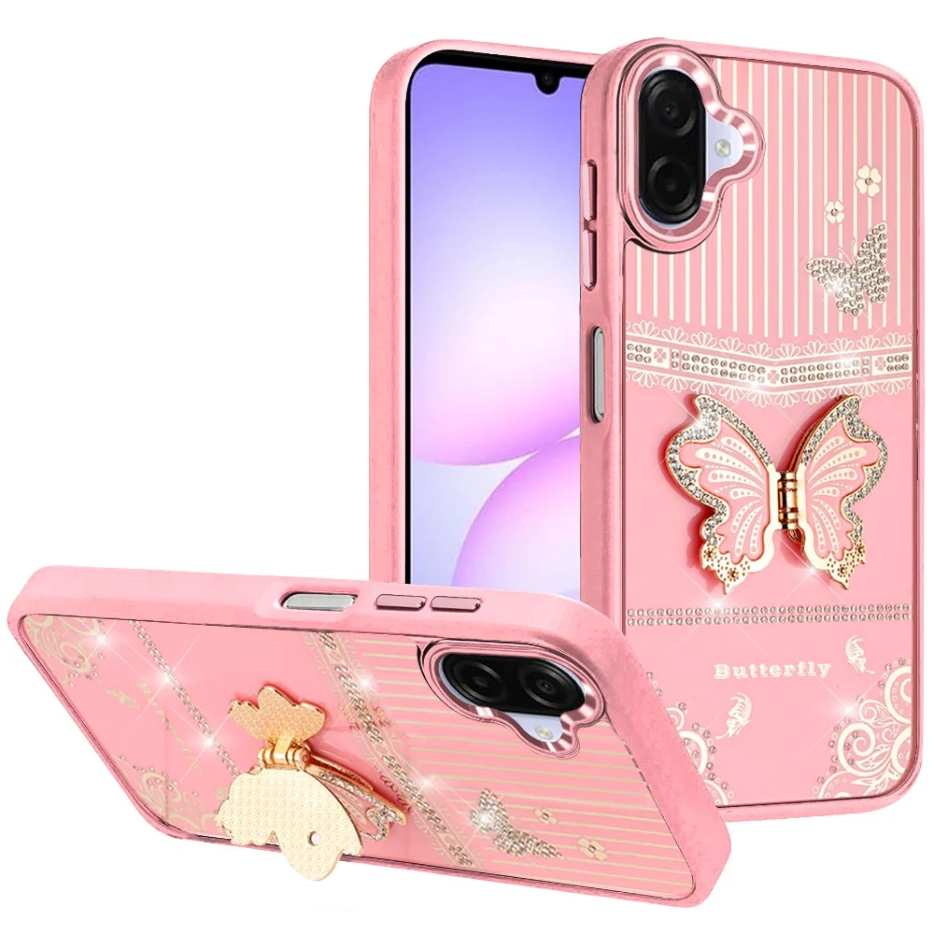 Kitcheniva - 3D Butterfly Bling Charm Stand Phone Case With Tempered Glass For Samsung Galaxy A07 - Light Pink