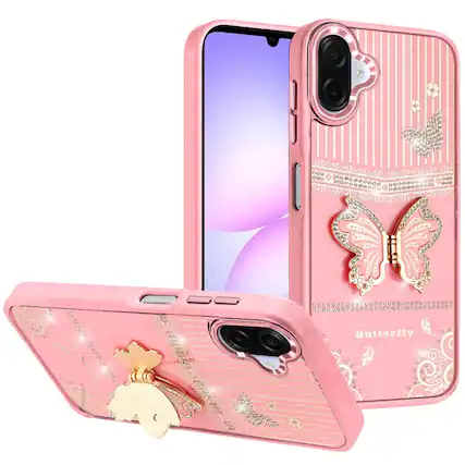 Front. Kitcheniva - 3D Butterfly Bling Charm Stand Phone Case With Tempered Glass For Samsung Galaxy A07 Light Pink - Light Pink.