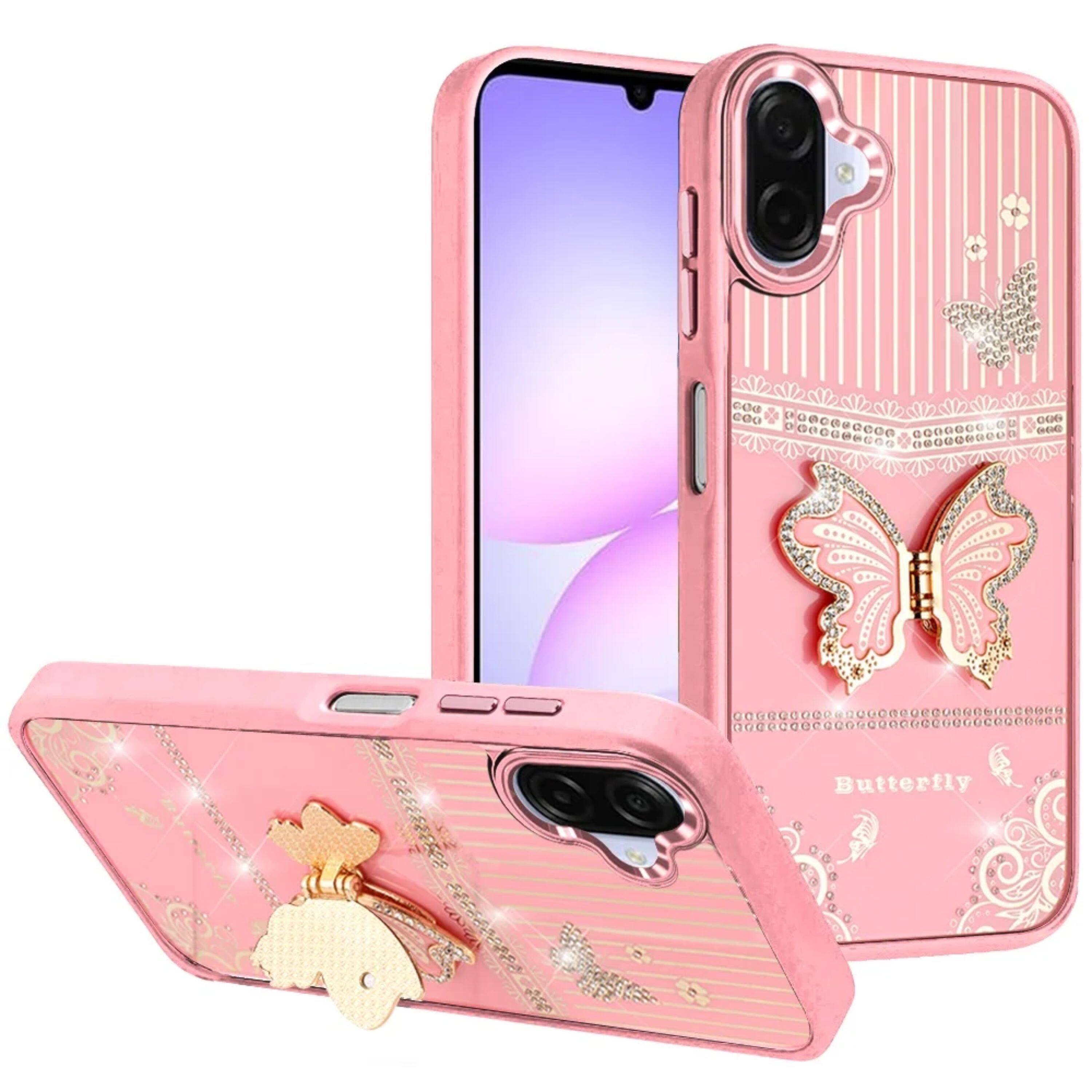 Front. Kitcheniva - 3D Butterfly Bling Charm Stand Phone Case With Tempered Glass For Samsung Galaxy A07 Light Pink - Light Pink.