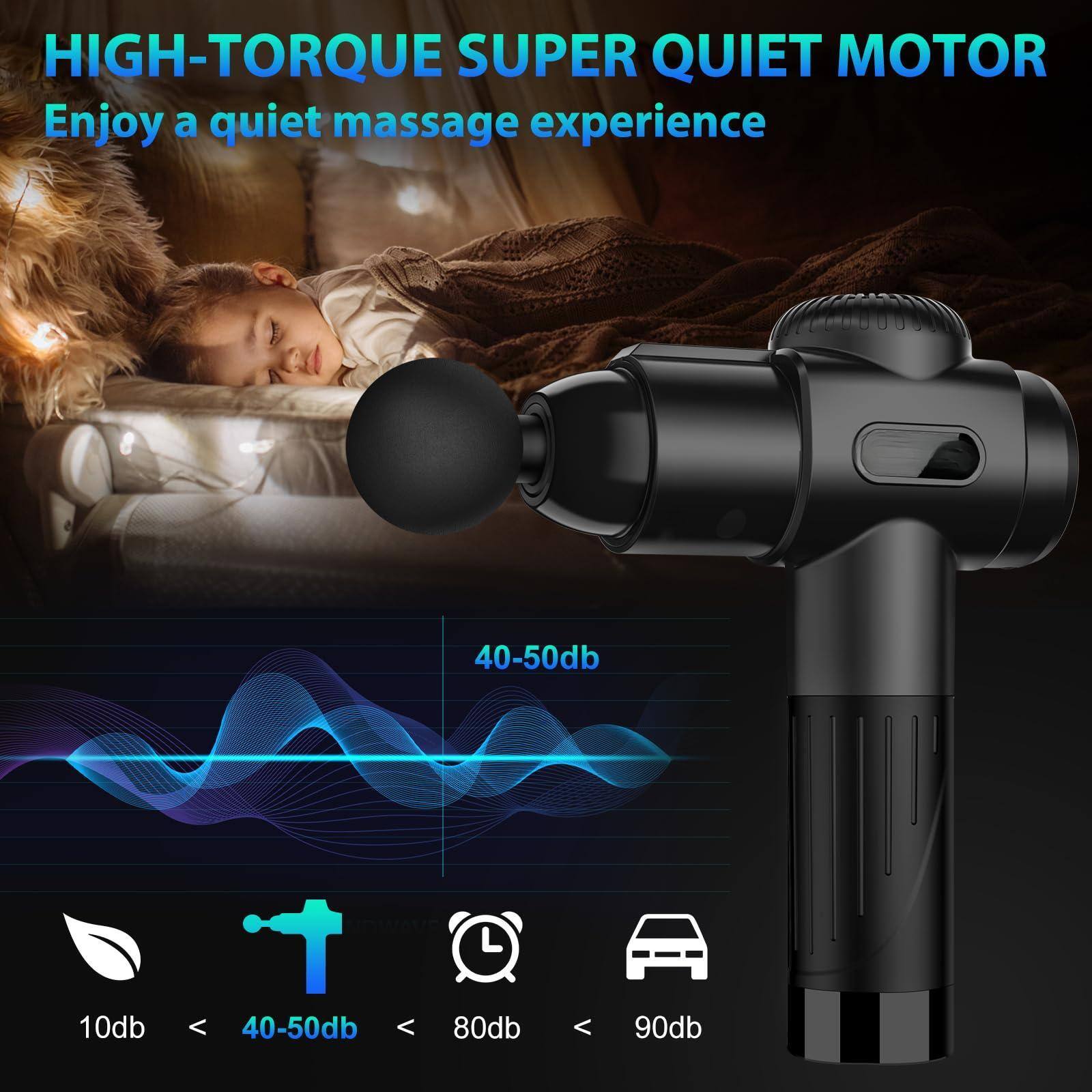 HIGH-TORQUE SUPER QUIET MOTOR  
Enjoy a quiet massage experience  

40-50db  

10db < 40-50db < 80db < 90db