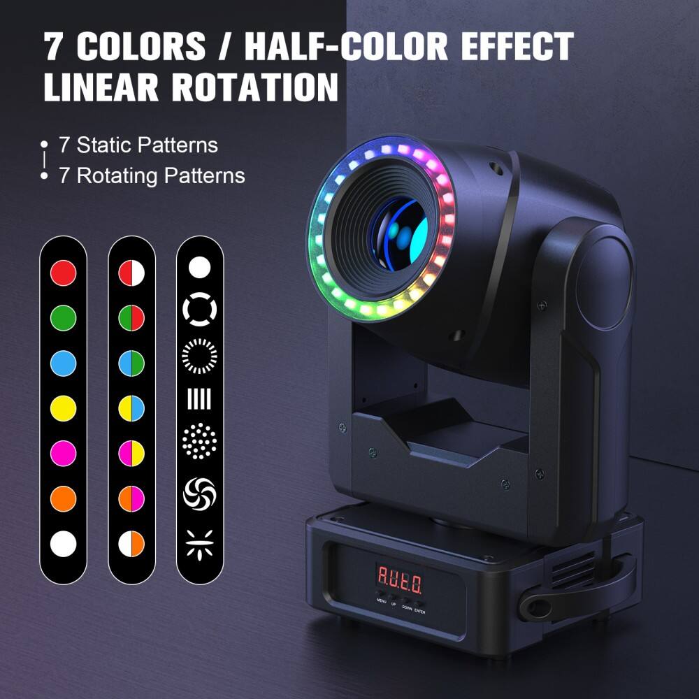 7 COLORS / HALF-COLOR EFFECT  
LINEAR ROTATION  

- 7 Static Patterns  
- 7 Rotating Patterns  

R.U.E.Q.