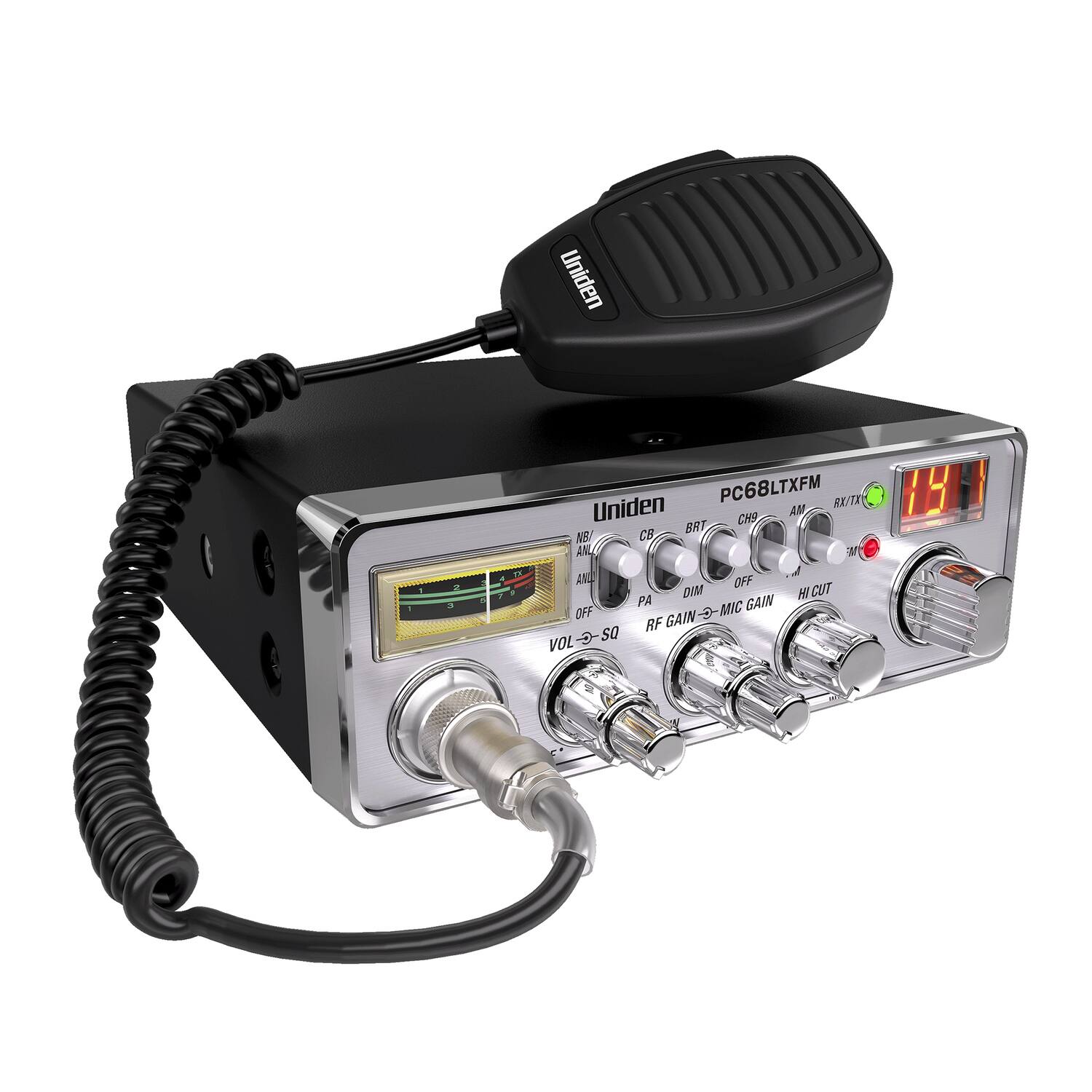 Uniden - 1 g PC68LTXFM RX/TA  
Uniden CH9 AN BRT N C ANL M AN OFF DIM CUT PA GAIN OFF -5 MIC RF GAIN VOL-D-SQ so VOL HH