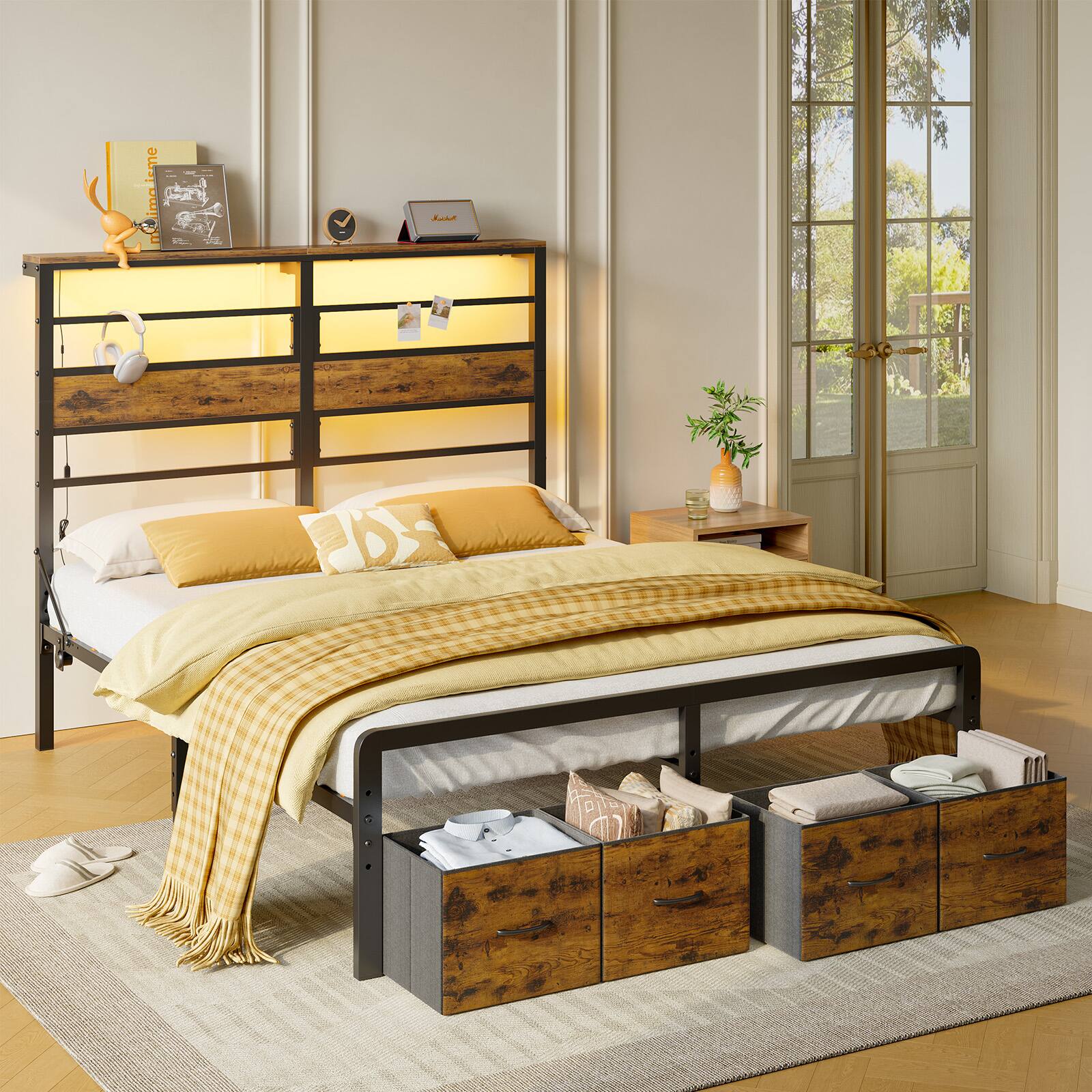 Angle. Pinmoco - Pinmoco - LED Storage Bed Platform Bed Frame with 2/3 Drawers Charging Station and Adjustable Height - Rustic Brown.