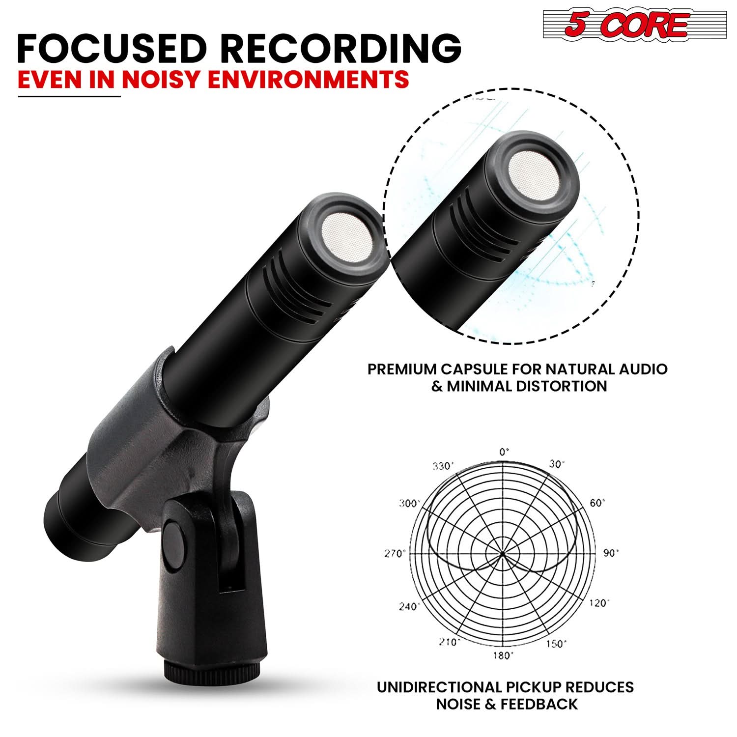 FOCUSED RECORDING EVEN IN NOISY ENVIRONMENTS

5 CORE
PREMIUM CAPSULE FOR NATURAL AUDIO & MINIMAL DISTORTION

330 0 30 300 60 270 90 240 120 210 180 150

UNIDIRECTIONAL PICKUP REDUCES NOISE & FEEDBACK