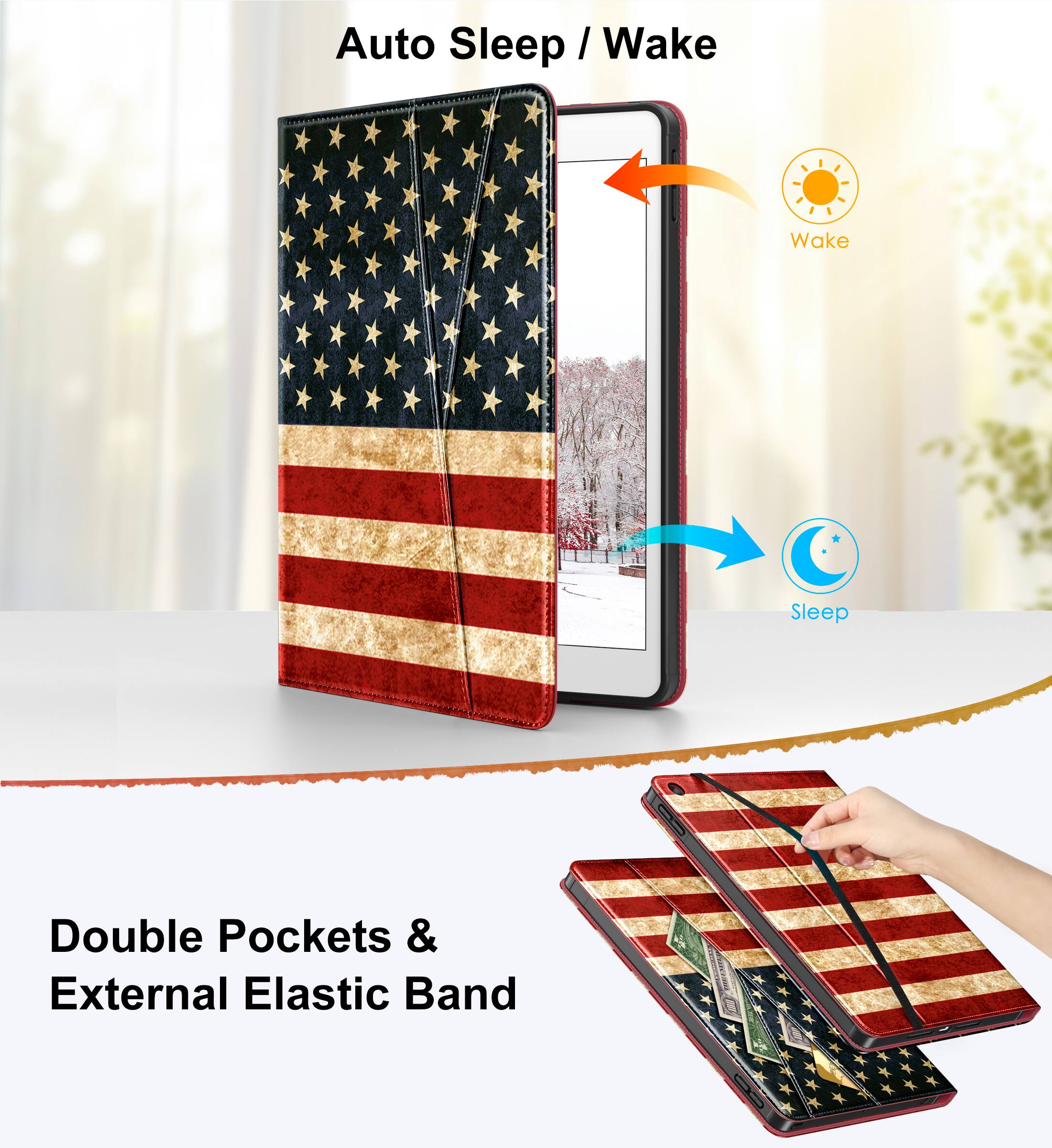 Auto Sleep / Wake

Double Pockets & External Elastic Band