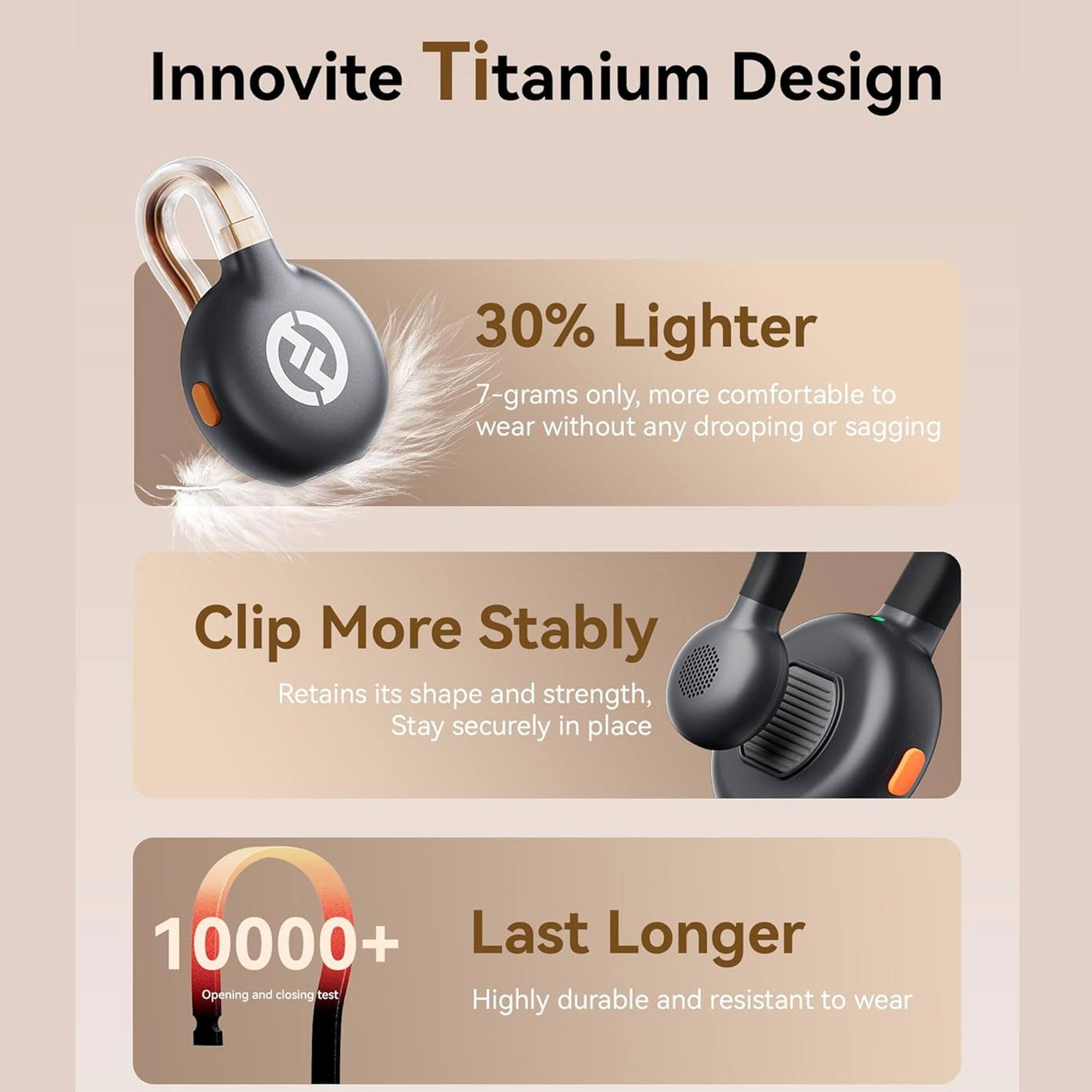 Innovite Titanium Design

30% Lighter  
7-grams only, more comfortable to wear without any drooping or sagging

Clip More Stably  
Retains its shape and strength, Stay securely in place

10000+  
Last Longer  
Highly durable and resistant to wear
