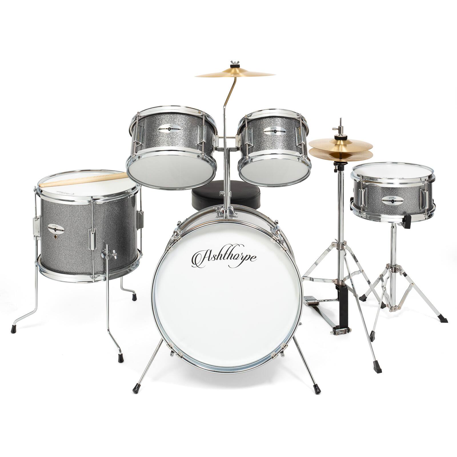 Alt View 1. Ashthorpe - Beginner Drum Kit with Brass Cymbals (Set of 5) - Silver.
