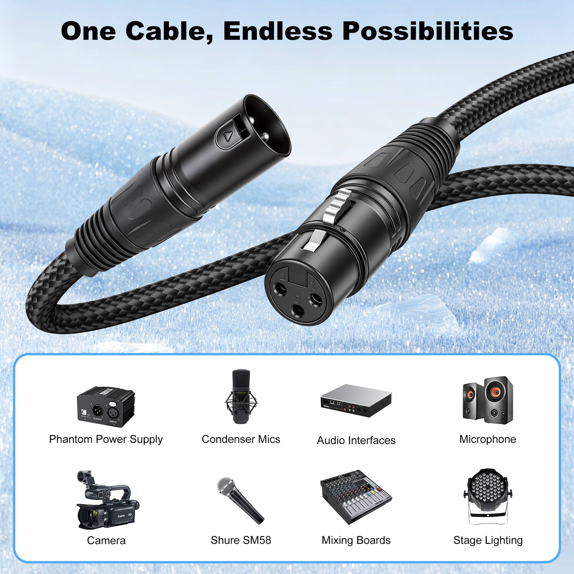 One Cable, Endless Possibilities

- Phantom Power Supply
- Condenser Mics
- Audio Interfaces
- Microphone
- Camera
- Shure SM58
- Mixing Boards
- Stage Lighting