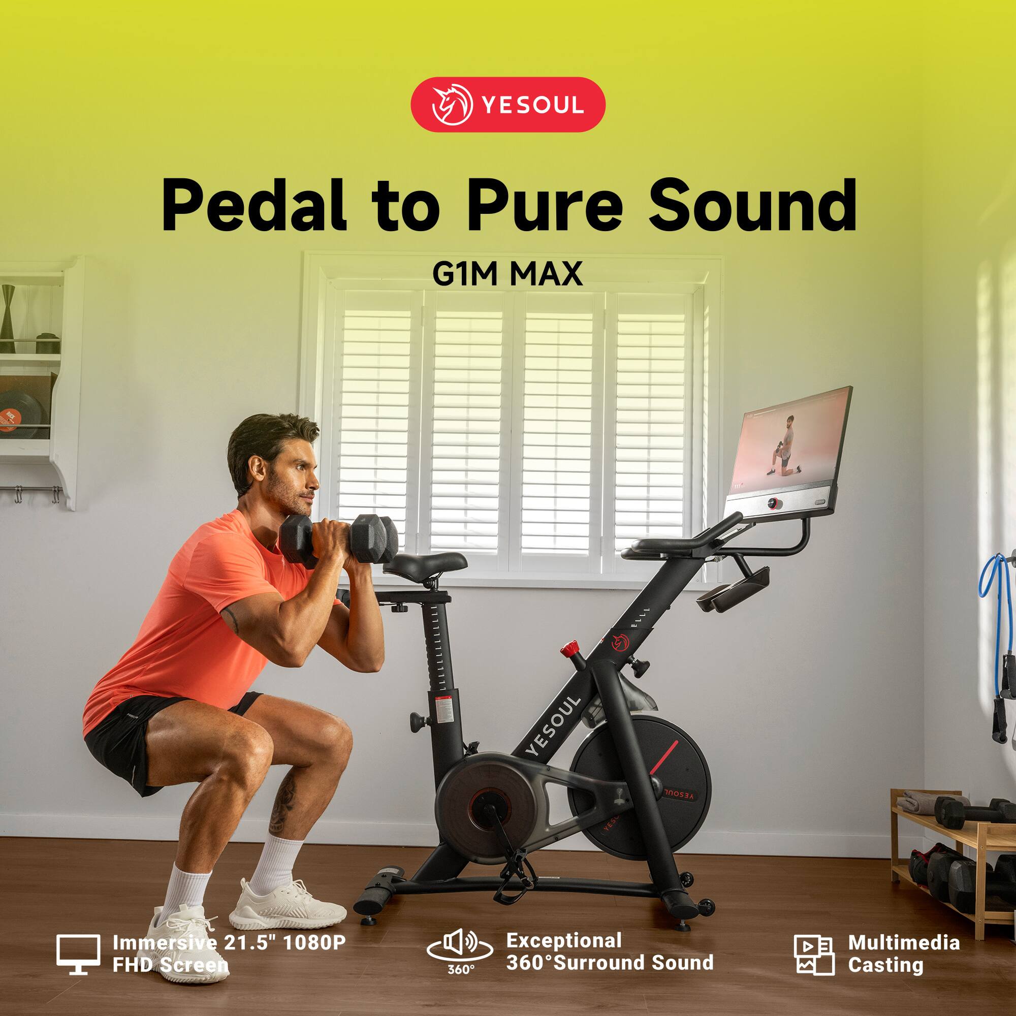 The text on the image is describing a product called the "YESOUL Pedal to Pure Sound G1M MAX." This product features an immersive 21.5" 1080P FHD screen and exceptional 360 surround sound. Additionally, it has a multitasking pedal that allows for various activities, such as watching movies, playing games, and exercising. The product also supports multimedia casting, making it a versatile and convenient option for users.