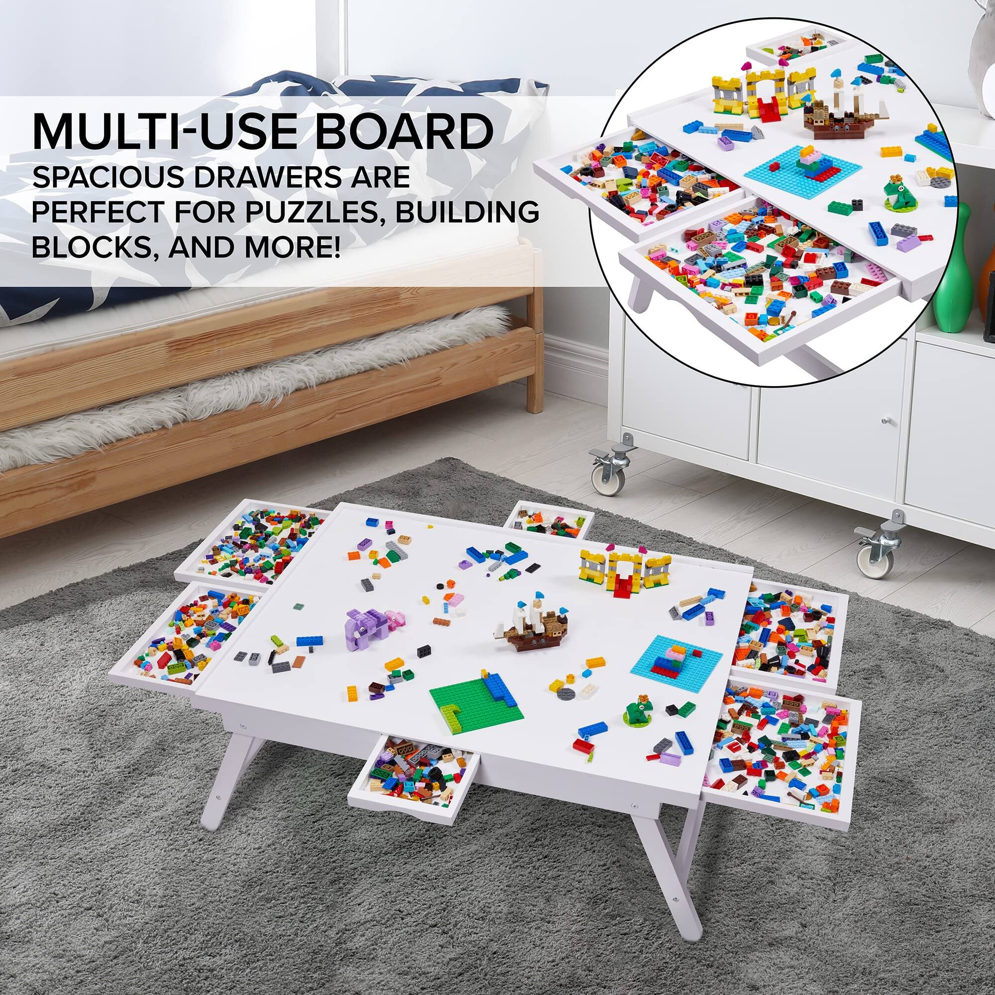 MULTI-USE BOARD SPACIOUS DRAWERS ARE PERFECT FOR PUZZLES, BUILDING BLOCKS, AND MORE!