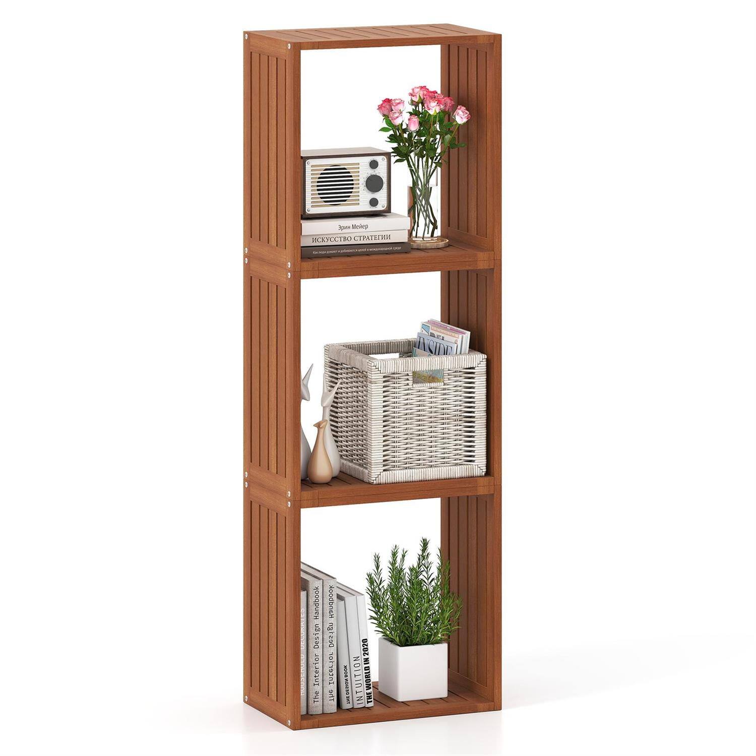 Pefilos - 3-Cube Bookcase - Solid Wood Stackable, Open Slatted Shelves Storage Organizer - Brown