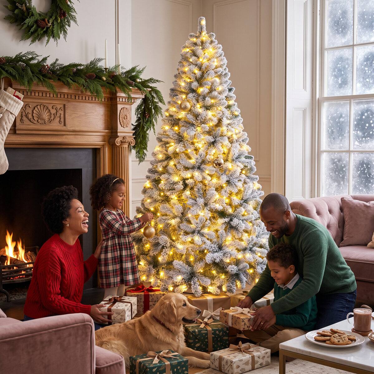 Alt View 3. Wisairt - 6FT Pre-Lit Flocked Artificial Christmas Tree, 800 Snowy Tips, 250 LED 11 Modes - Green.
