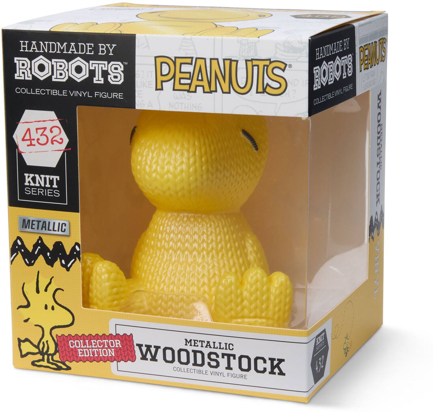 HANDMADE BY ROBOTS  
PEANUTS  
COLLECTIBLE VINYL FIGURE  

432  
KNIT SERIES  

METALLIC  
COLLECTOR EDITION  
WOODSTOCK  
COLLECTIBLE VINYL FIGURE