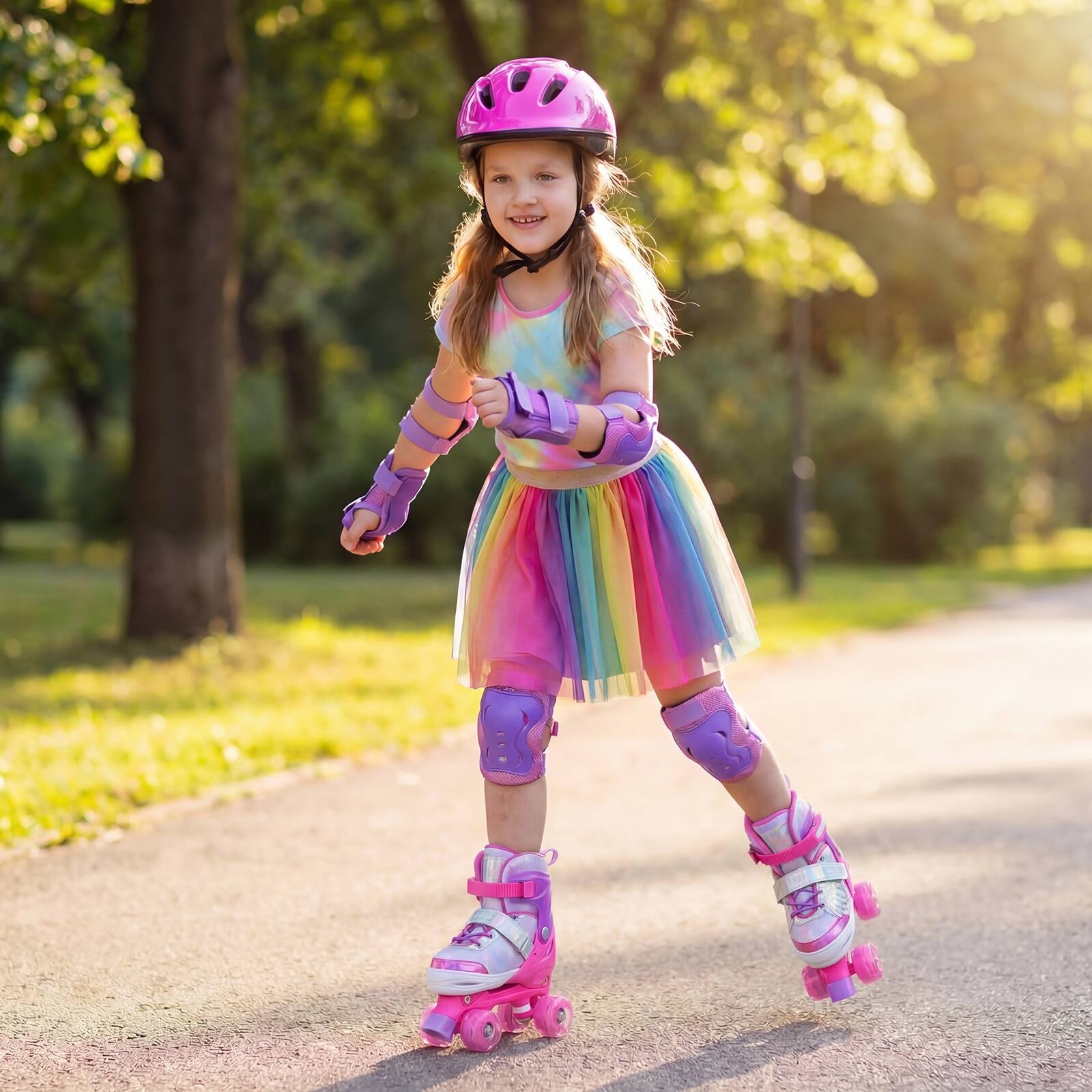 Alt View 2. Costway - Costway Kids Roller Skates 4 Sizes Adjustable Quad Skates with Light-up Wheels for Ages 7-9 - Pink.