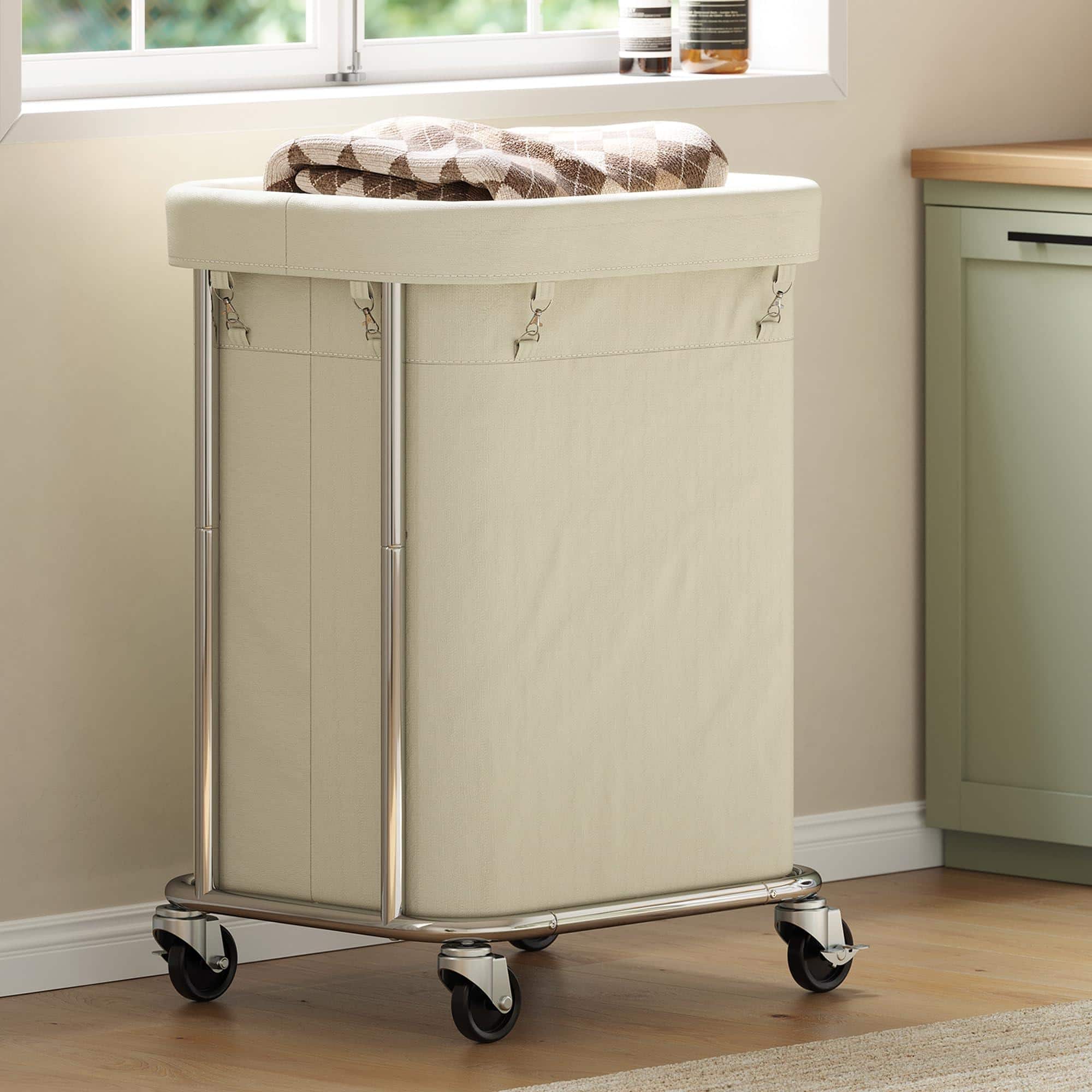 JETRANSPORT - Laundry Basket With Wheels 150l/40gal Rolling Hamper Steel Fram And Removable Washing Bag Sorter Cart For - Cream and Silver