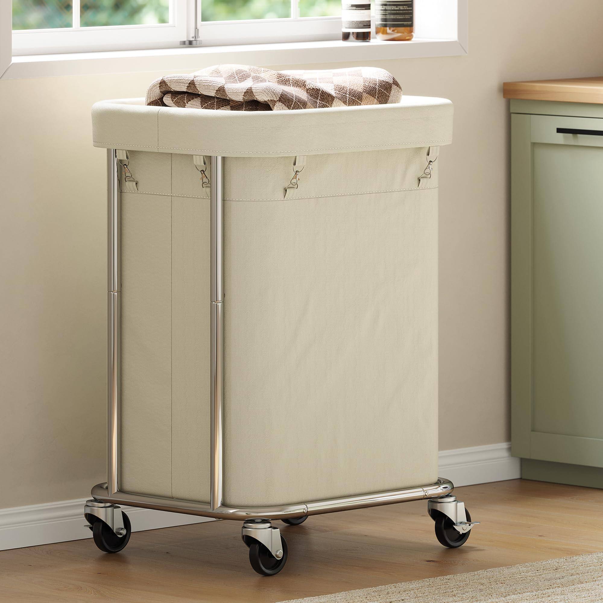 Front. JETRANSPORT - Laundry Basket With Wheels 150l/40gal Rolling Hamper Steel Fram And Removable Washing Bag Sorter Cart For - Cream and Silver.