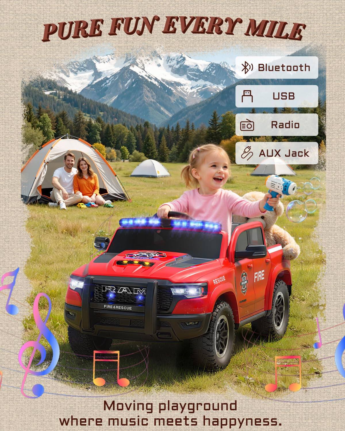 PURE FUN EVERY MILE  
Bluetooth USB EO Radio AUX Jack  
RESCUE RAM 1 FIRE 1 RAM Cr FIRE&RESCUE  
Moving playground where music meets happiness.