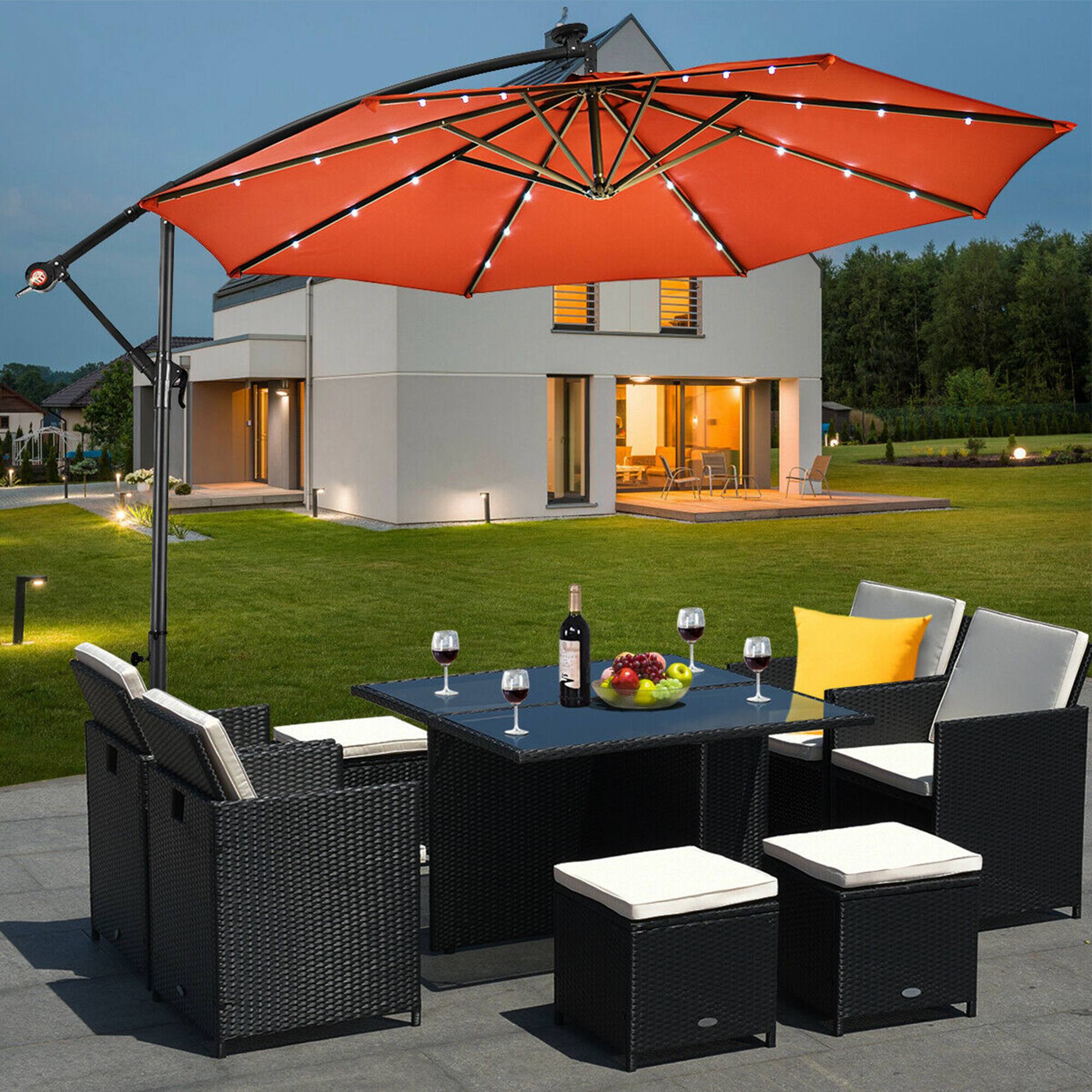 Front. Gymax - Gymax 10Ft Patio Solar LED Outdoor Offset Hanging Umbrella w/ 24 Lights Orange - Orange.