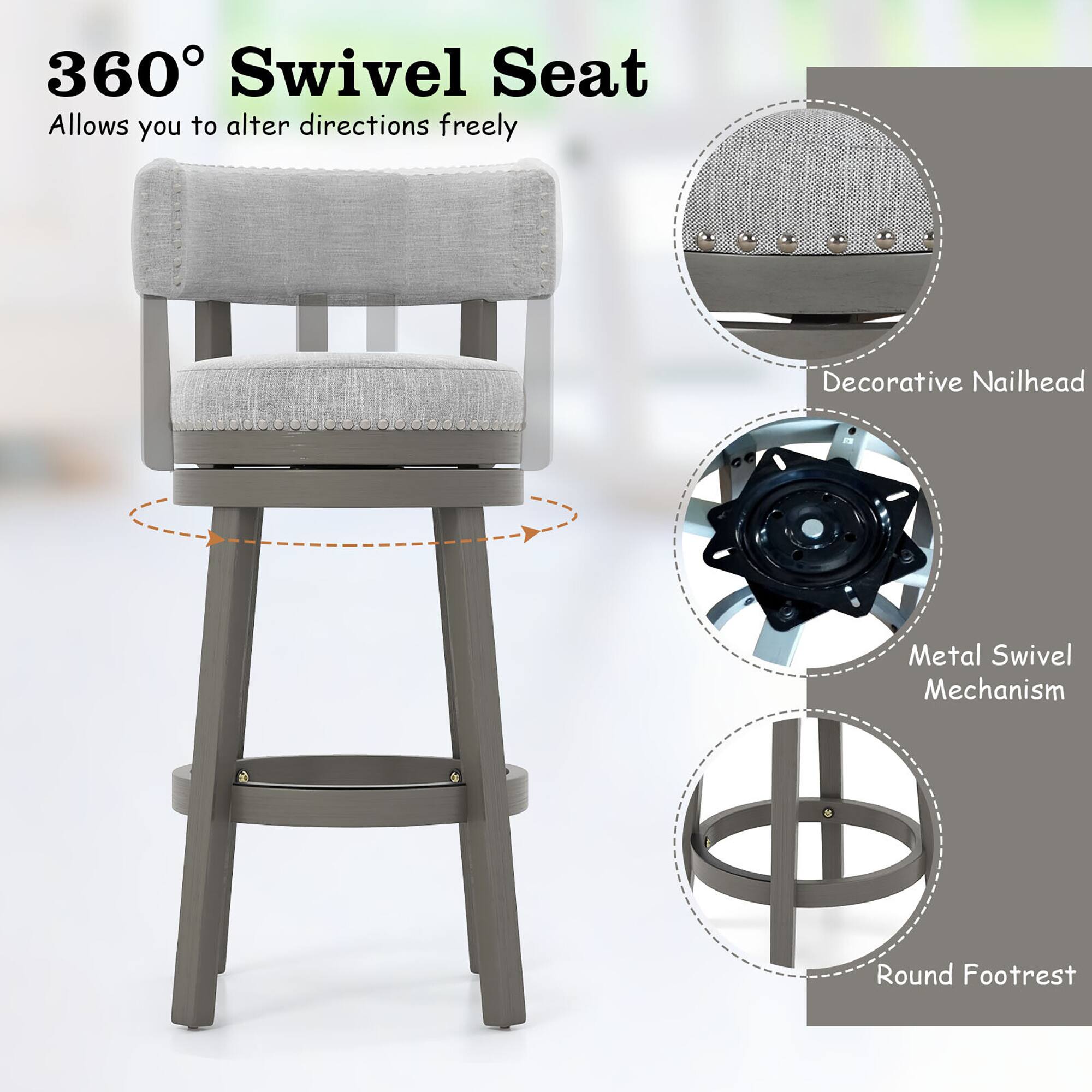360° Swivel Seat, Allows you to alter directions freely, Decorative Nailhead, Metal Swivel Mechanism, Round Footrest