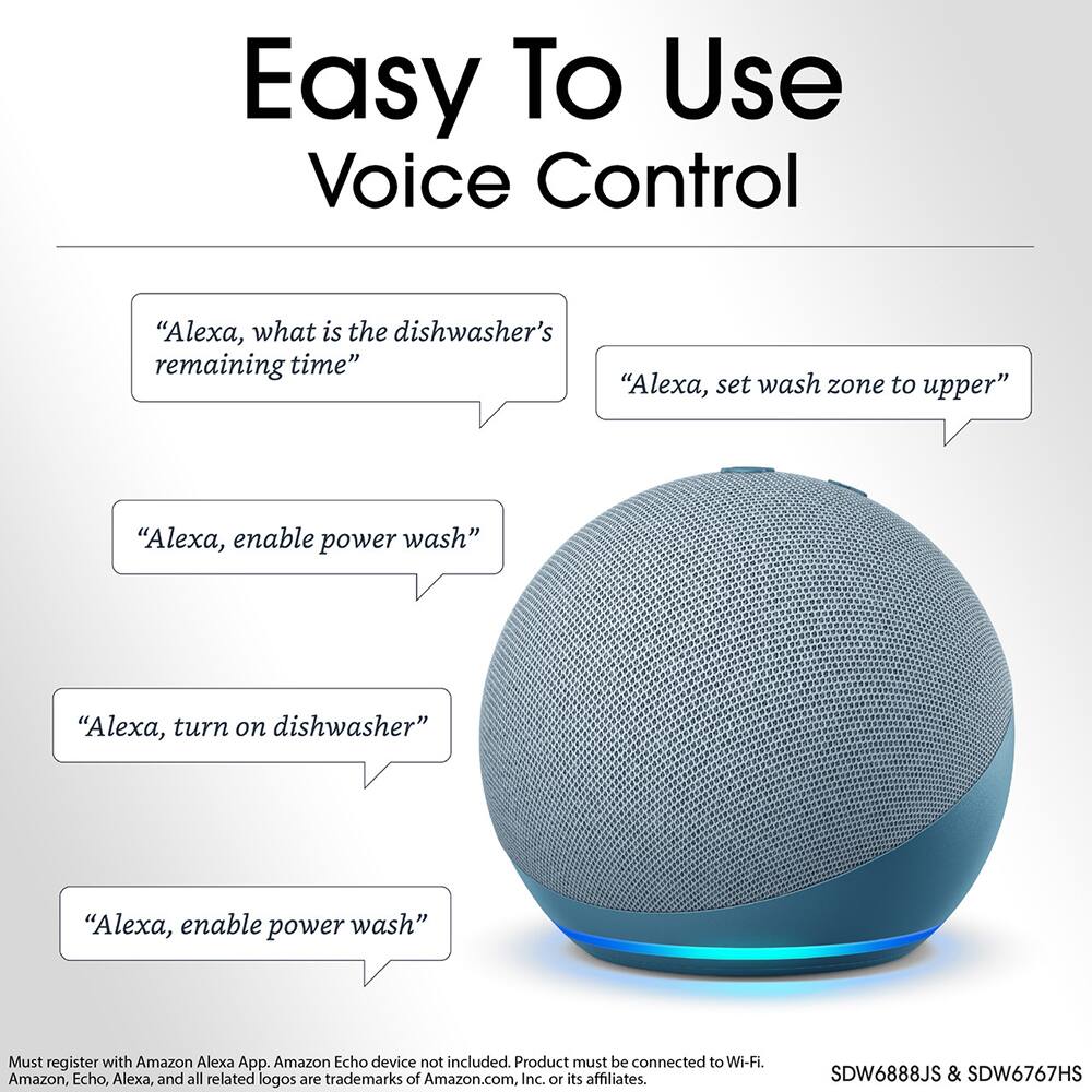 Easy To Use Voice Control

"Alexa, what is the dishwasher's remaining time"
"Alexa, set wash zone to upper"
"Alexa, enable power wash"
"Alexa, turn on dishwasher"
"Alexa, enable power wash"

Must register with Amazon Alexa App. Amazon Echo device not included. Product must be connected to Wi-Fi. Amazon, Echo, Alexa, and all related logos are trademarks of Amazon.com, Inc. or its affiliates.

SDW6888JS & SDW6767HS