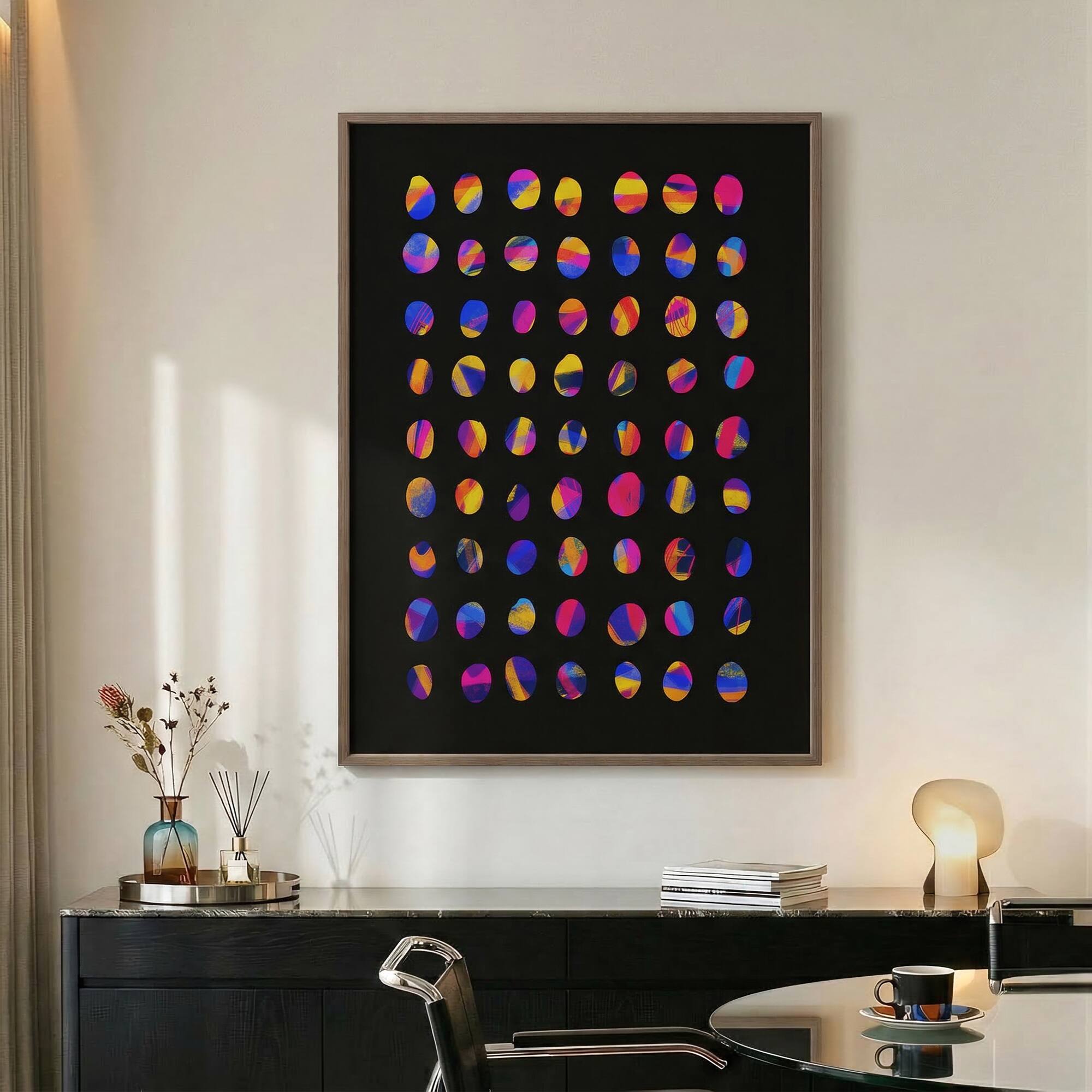 Left. HOMLUX - 1 Piece Framed Abstract Canvas Wall Art Black Background Circle Wall Decor Decorative Canvas Print 36 in. x 24 in. - Multi-Colored.