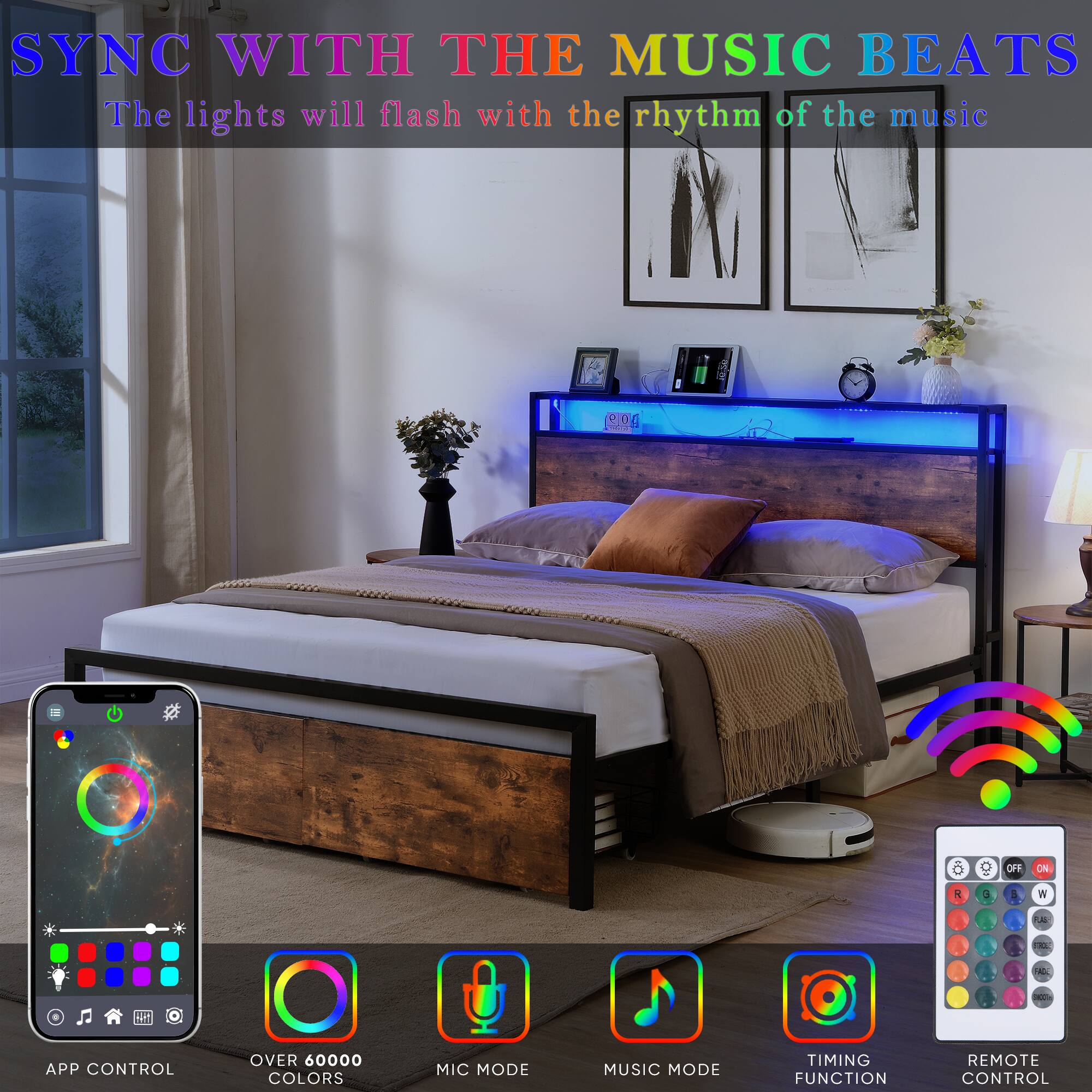 SYNC WITH THE MUSIC BEATS  
The lights will flash with the rhythm of the music  

- APP CONTROL  
- OVER 60000 COLORS  
- MIC MODE  
- MUSIC MODE  
- TIMING FUNCTION  
- REMOTE CONTROL