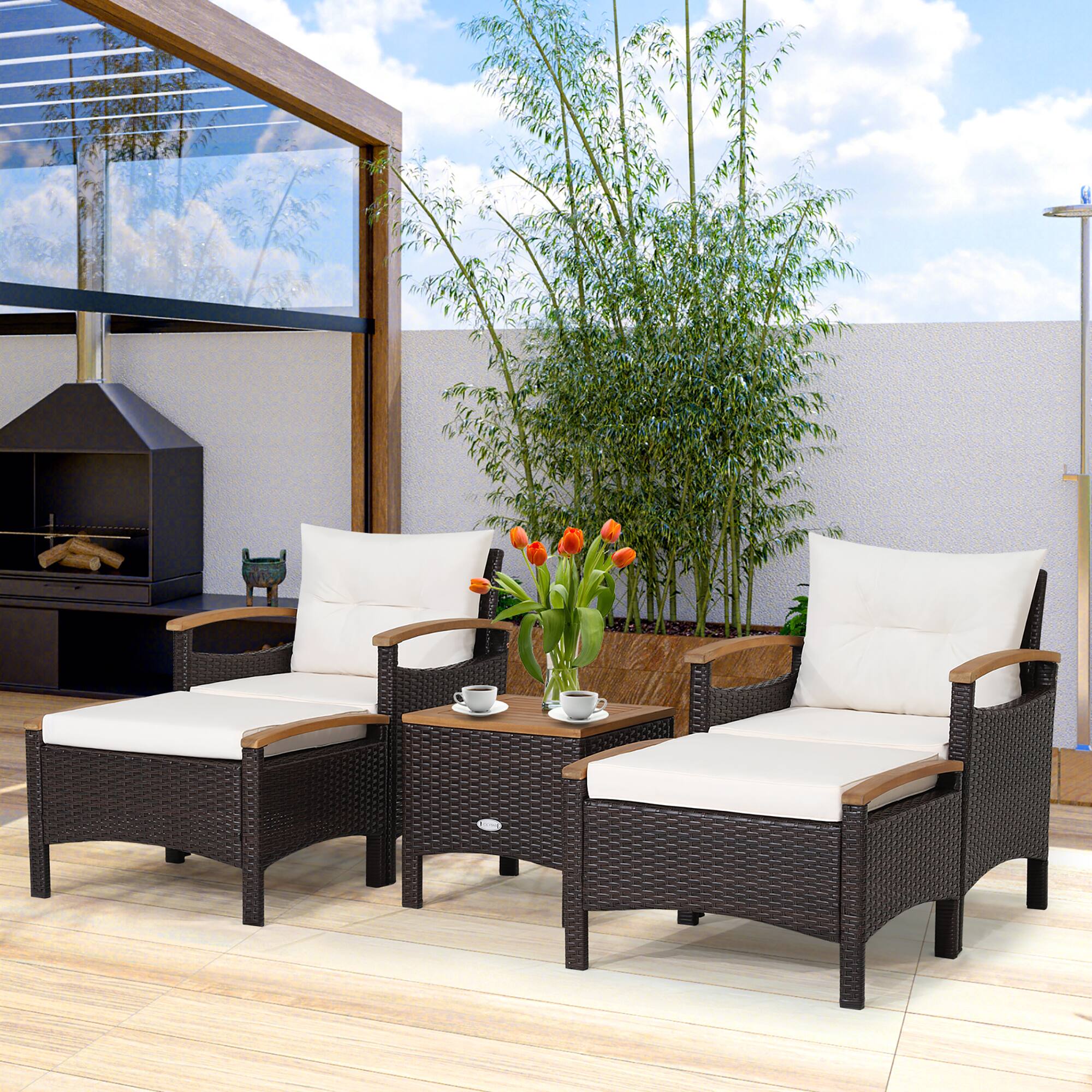 Alt View 9. Gymax - Gymax 5PCS Outdoor Patio Rattan Furniture Set PE Wicker Lounge Chair w/ Wood Tabletop - Off White.