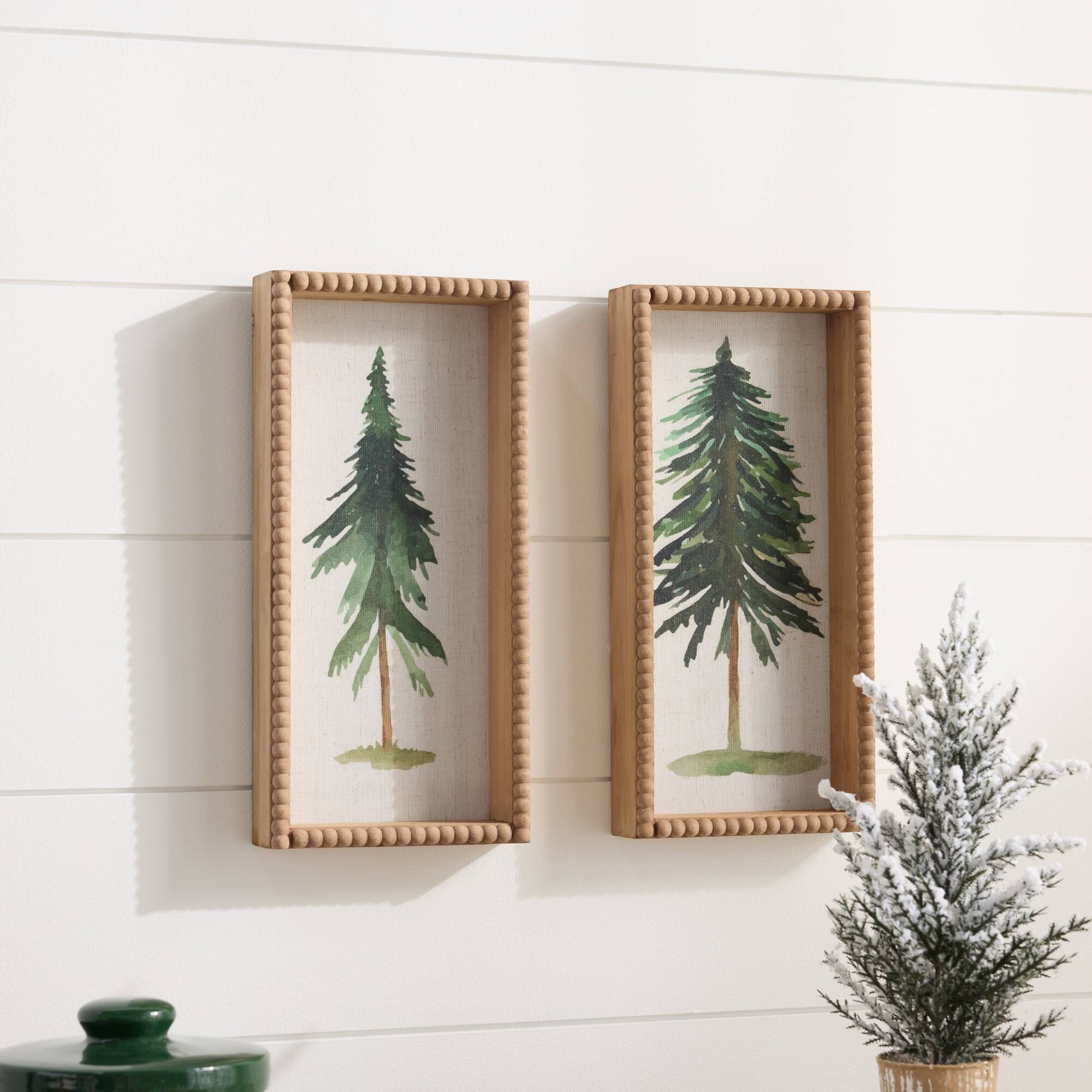 Angle. BreeBe - Framed Pine Tree Plaque (Set of 2) - Green, Beige.