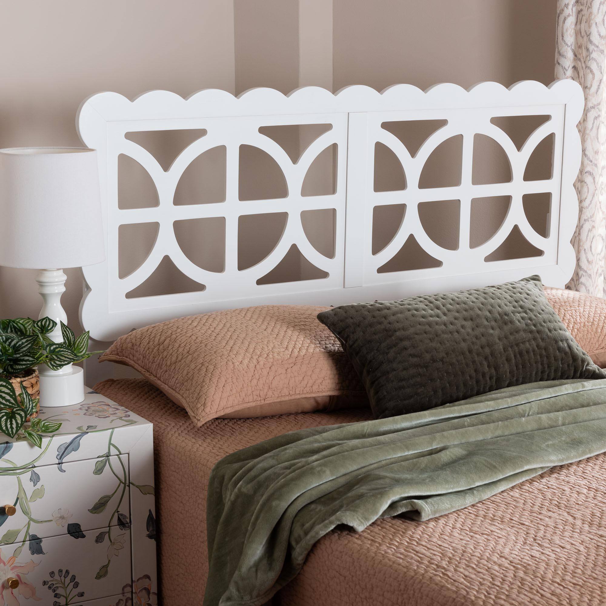 Back. Baxton Studio - Nansen Wood Headboard with Scalloped Frame - Geometric Cutout Decorative Panel for Bed Frame, Adjustable Height, Full - White.