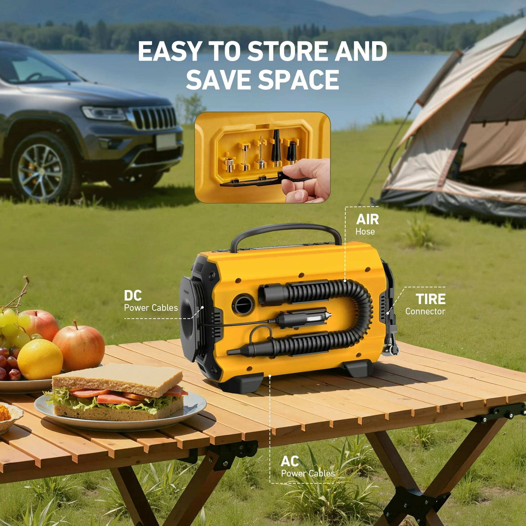 EASY TO STORE AND SAVE SPACE

- AIR Hose
- DC Power Cables
- TIRE Connector
- AC Power Cables