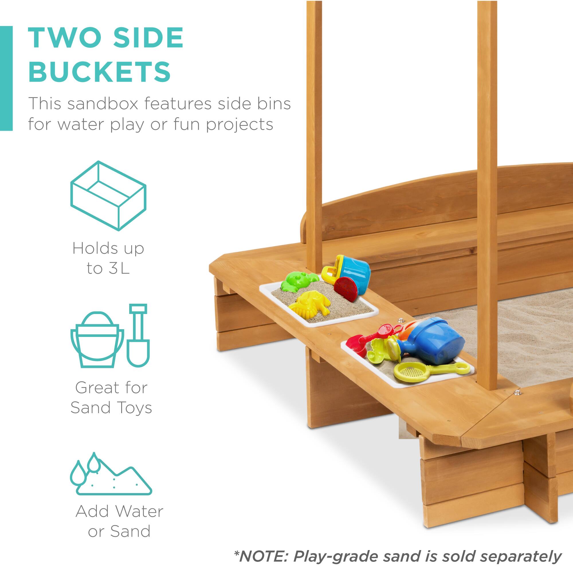 **TWO SIDE BUCKETS**

This sandbox features side bins for water play or fun projects.

- Holds up to 3L
- Great for Sand Toys
- Add Water or Sand

*NOTE: Play-grade sand is sold separately.