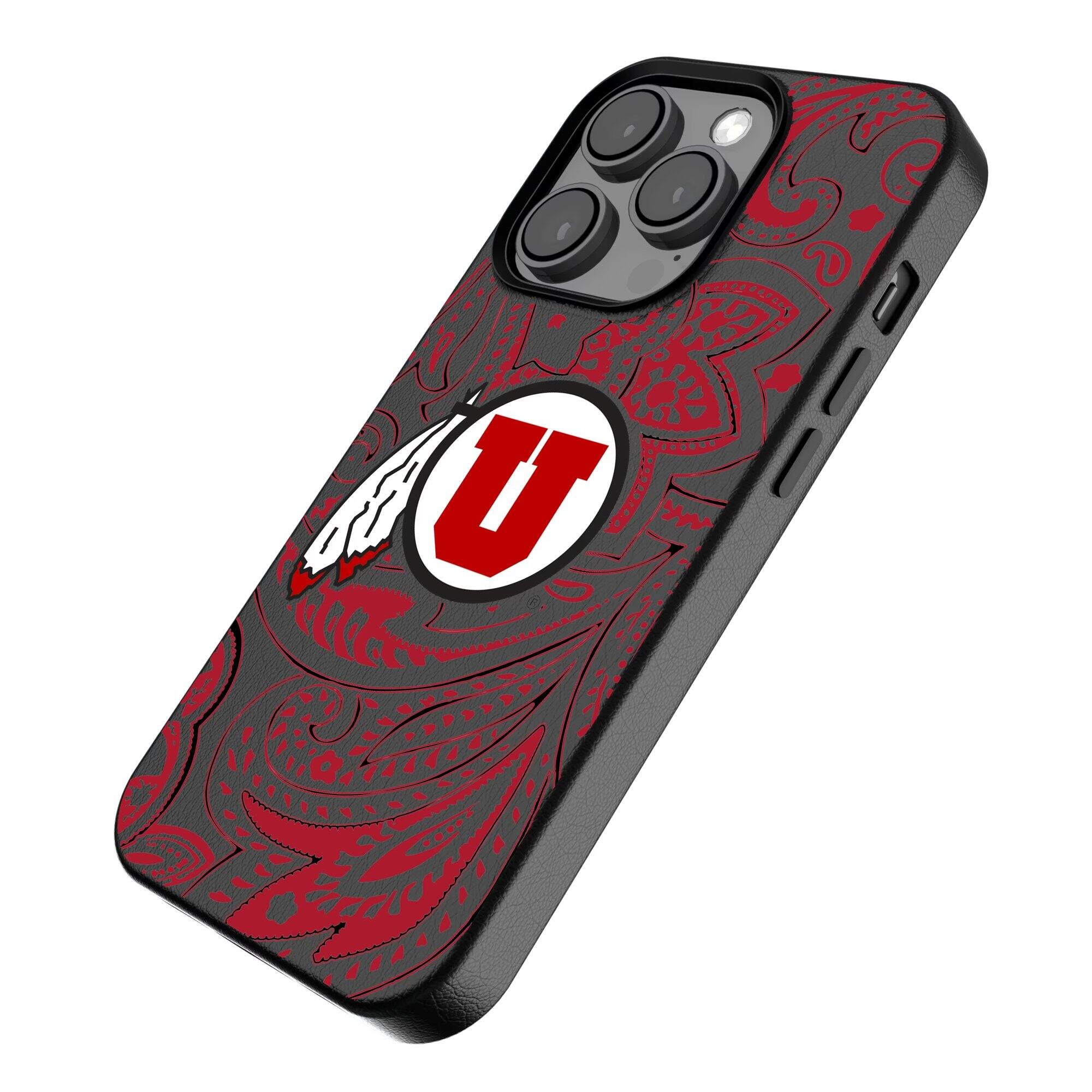 Alt View 1. Keyscaper - Utah Utes Paisley iPhone Magnetic Bump Case - 15 Plus - Black.