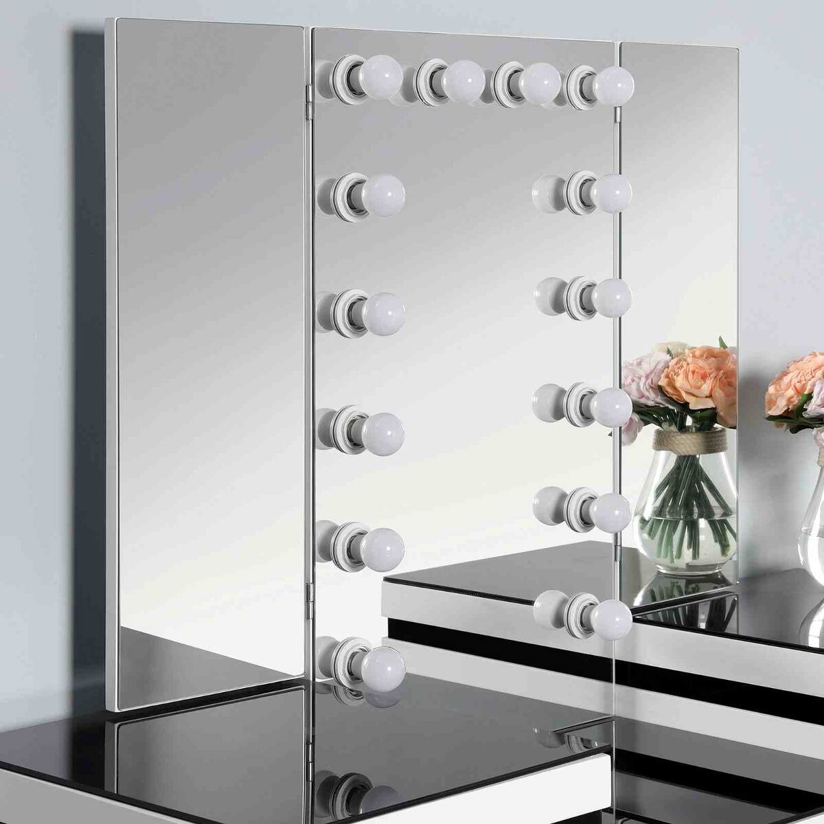 Back. Loheer - Loheer Makeup Vanity Set with Stool, Tri-Fold Mirror and Fourteen Bulbs, Black and White - Black and White.