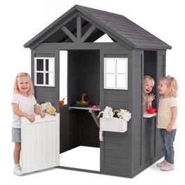 Costway - Kids Outdoor Playhouse with Sink, Spruce Wooden Cottage with Half Door, Flower Pots - Gray