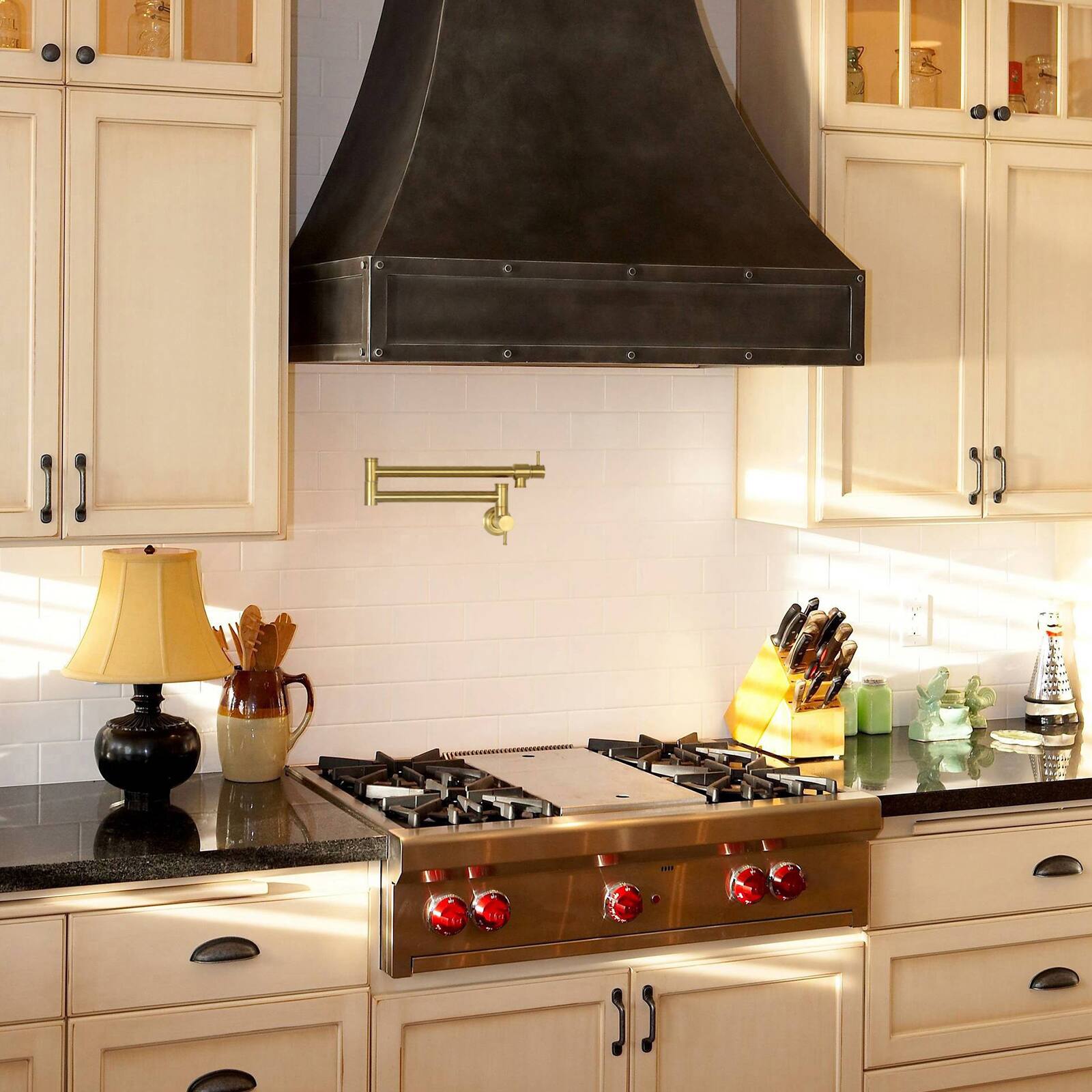 Alt View 5. Akicon - Akicon Solid Brass Wall-Mounted Pot Filler Kitchen Faucet with Double Joint Swing Arms for Stovetop in Brushed Gold - Brushed Gold.