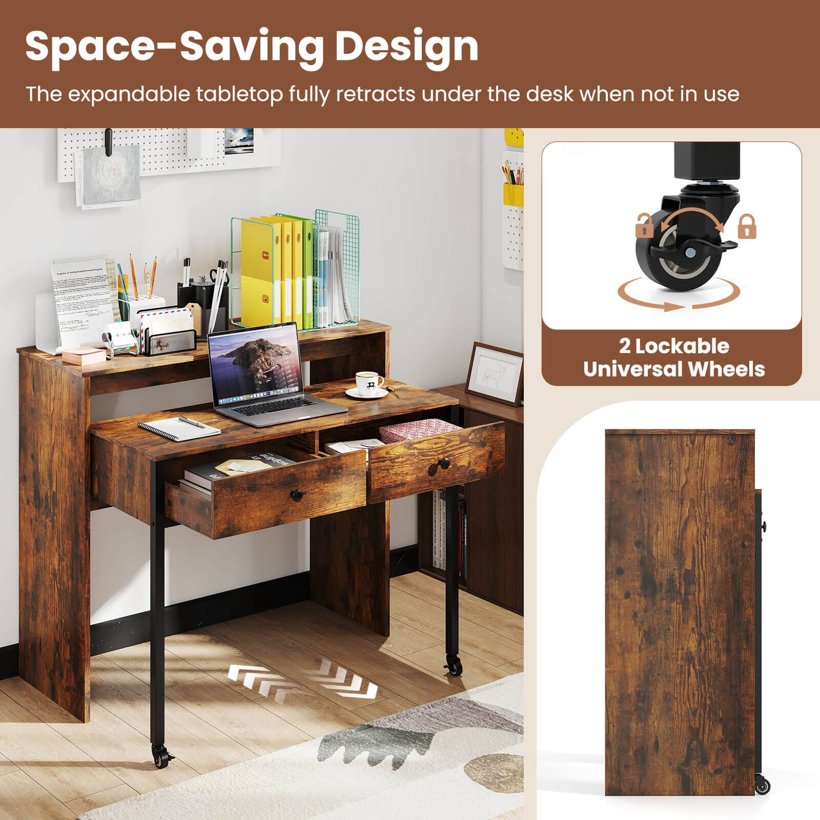 Space-Saving Design
The expandable tabletop fully retracts under the desk when not in use
2 Lockable Universal Wheels