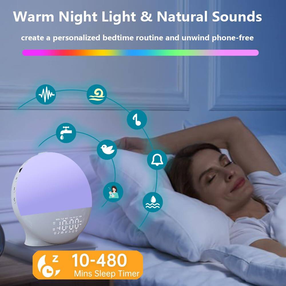 Warm Night Light & Natural Sounds  
create a personalized bedtime routine and unwind phone-free  

10-480 Mins Sleep Timer