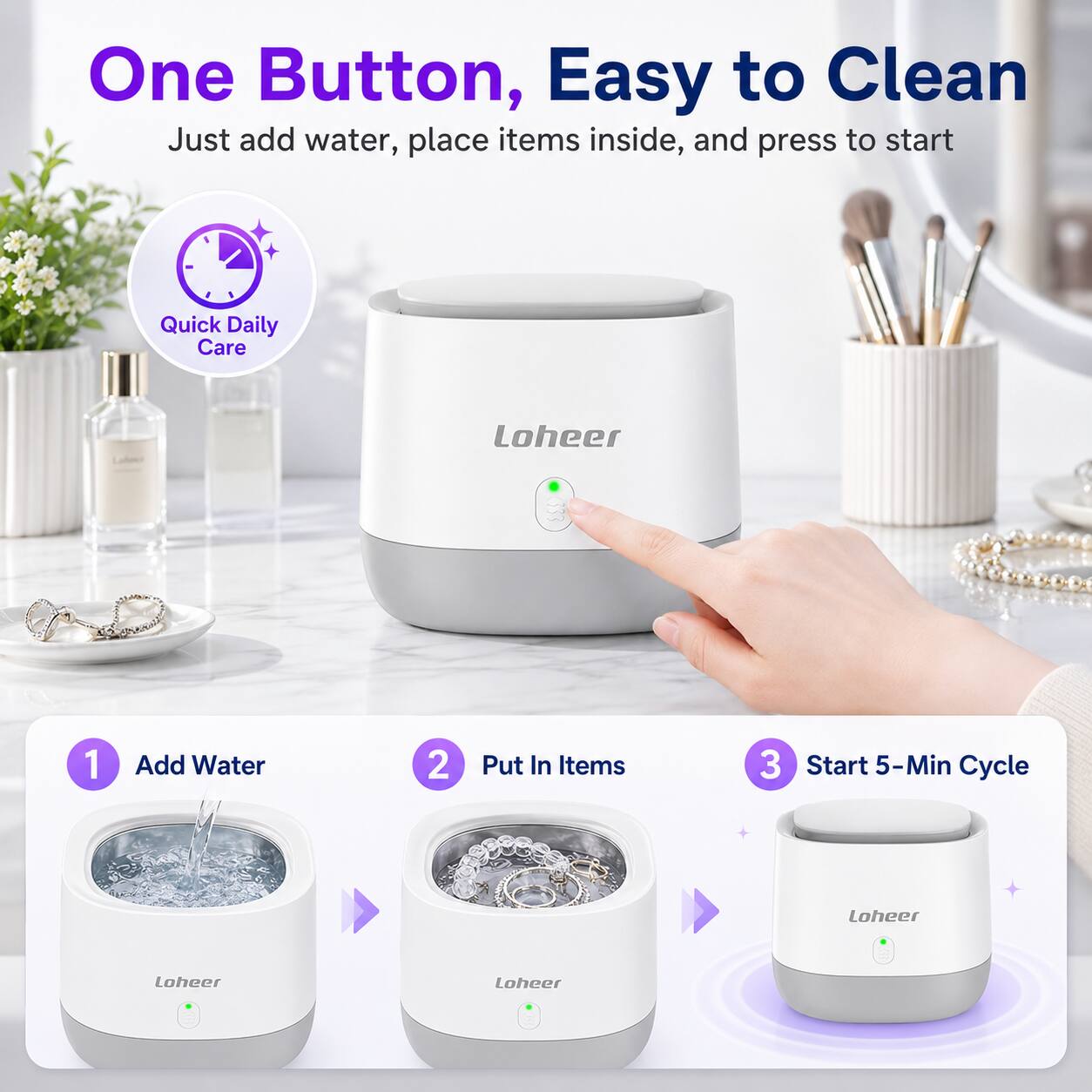 One Button, Easy to Clean  
Just add water, place items inside, and press to start  

Quick Daily Care  

1. Add Water  
2. Put In Items  
3. Start 5-Min Cycle  

Loheer