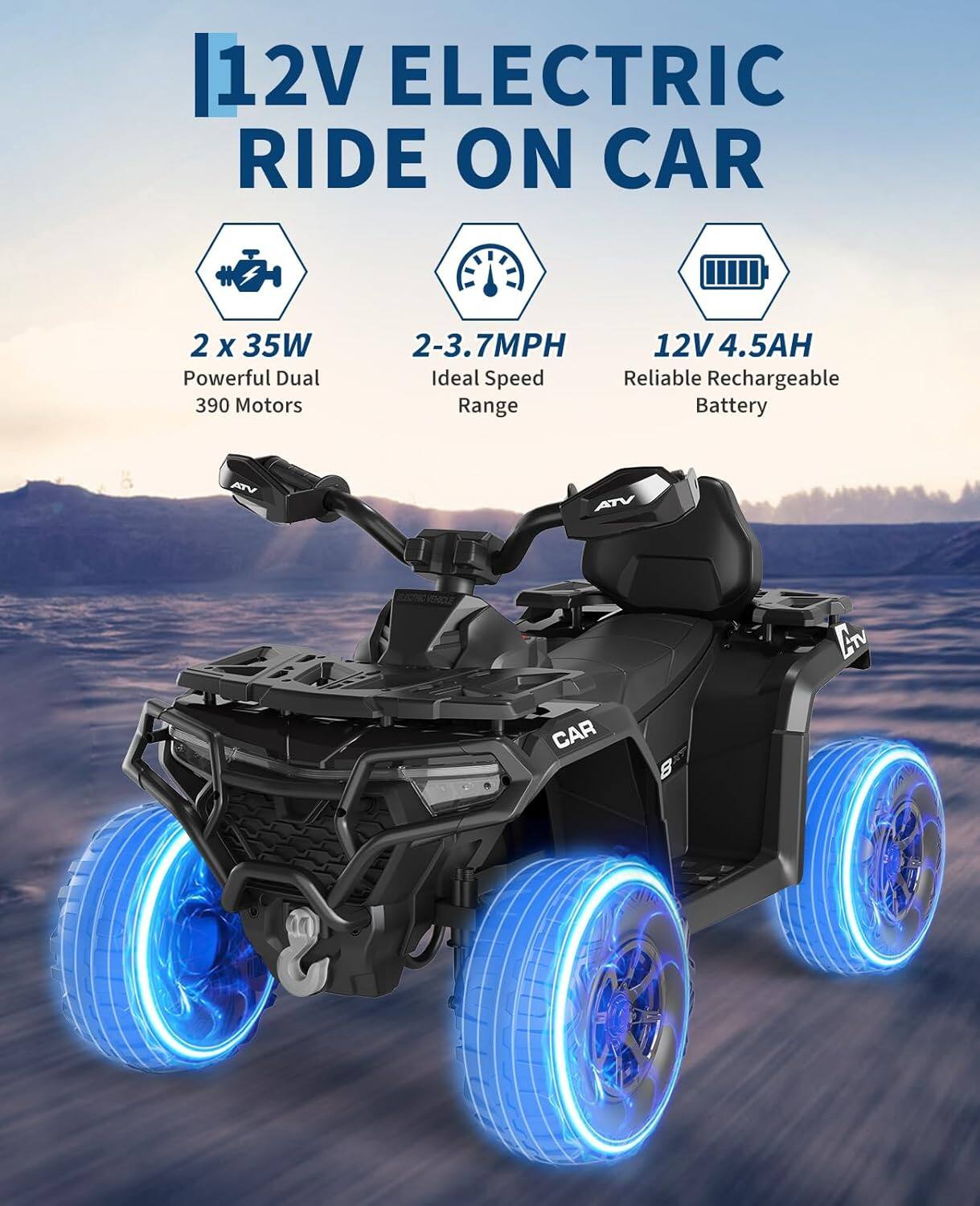 12V ELECTRIC RIDE ON CAR

- 2 x 35W Powerful Dual 390 Motors
- 2-3.7MPH Ideal Speed Range
- 12V 4.5AH Reliable Rechargeable Battery