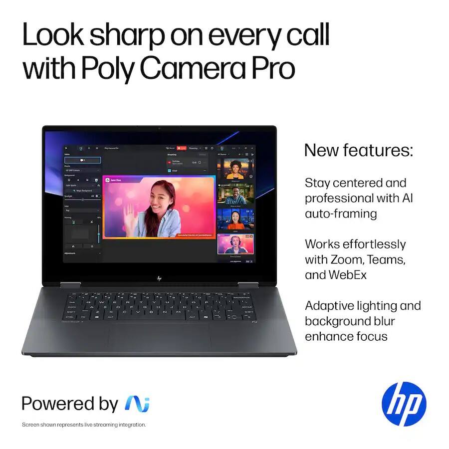 Look sharp on every call with Poly Camera Pro

New features:
- Stay centered and professional with AI auto-framing
- Works effortlessly with Zoom, Teams, and WebEx
- Adaptive lighting and background blur enhance focus

Powered by Nv

Screen shown represents live streaming integration.

hp