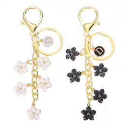 Unique Bargains - Elegant 2pcs Alphabet D Initial Flower Letter Keychain Charm for Women Purse Handbag Backpack Bags Accessories - White