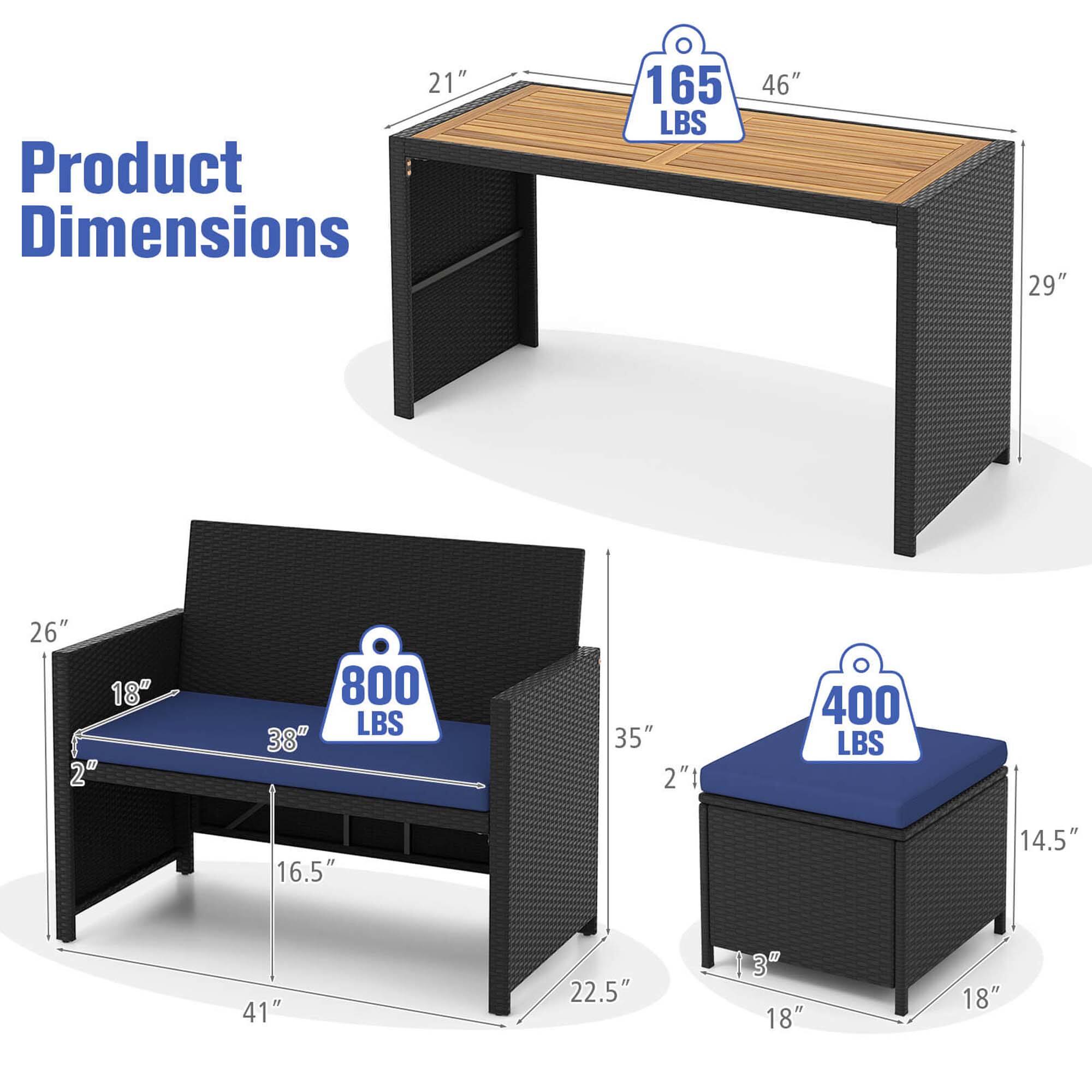 Product Dimensions

- Table: 46" x 29" x 21", 165 LBS
- Bench: 38" x 26" x 18", 800 LBS
- Ottoman: 14.5" x 18" x 18", 400 LBS
